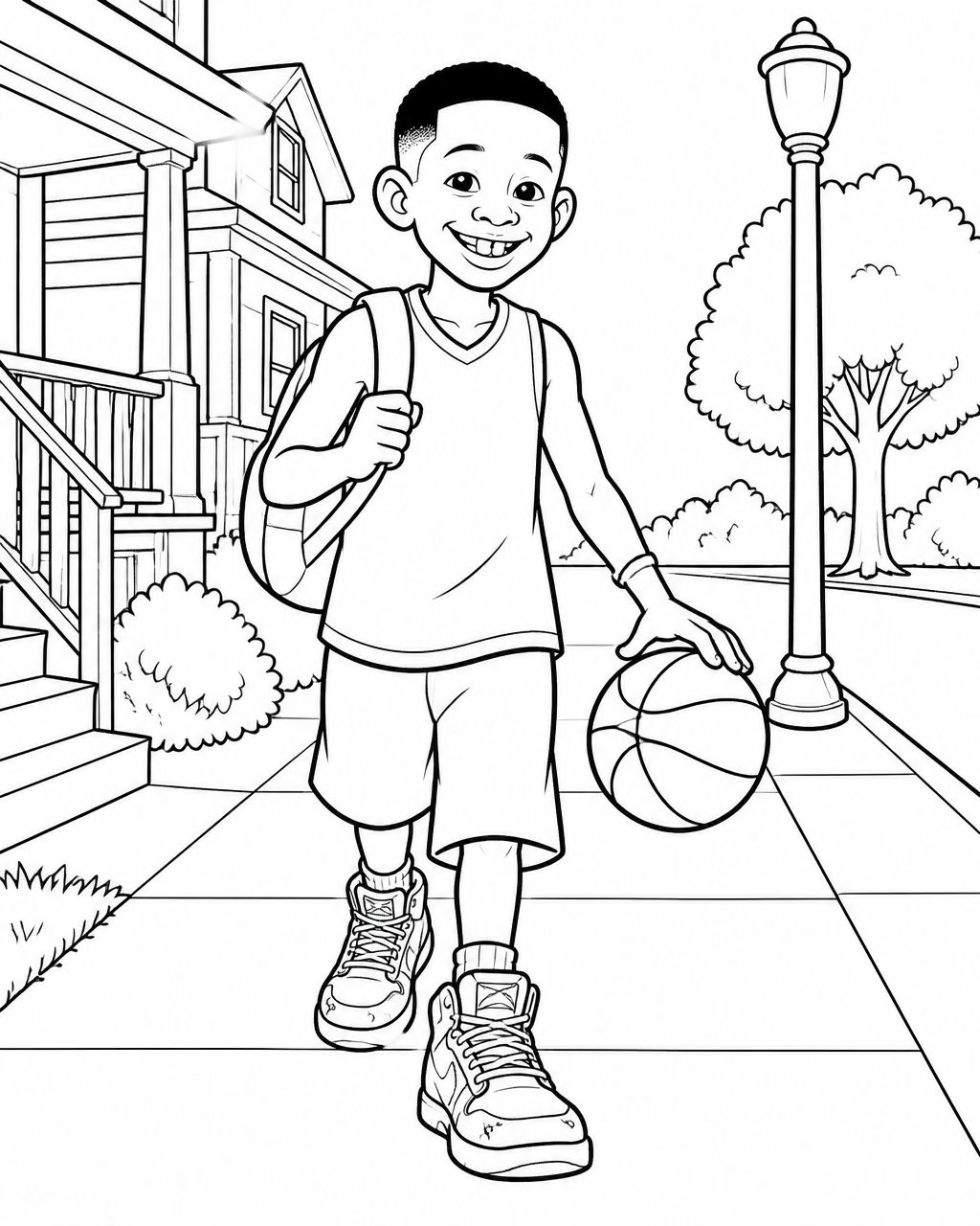 Coloring page of Timothy walking home down the sidewalk dribbling a basketball with his backpack on one shoulder