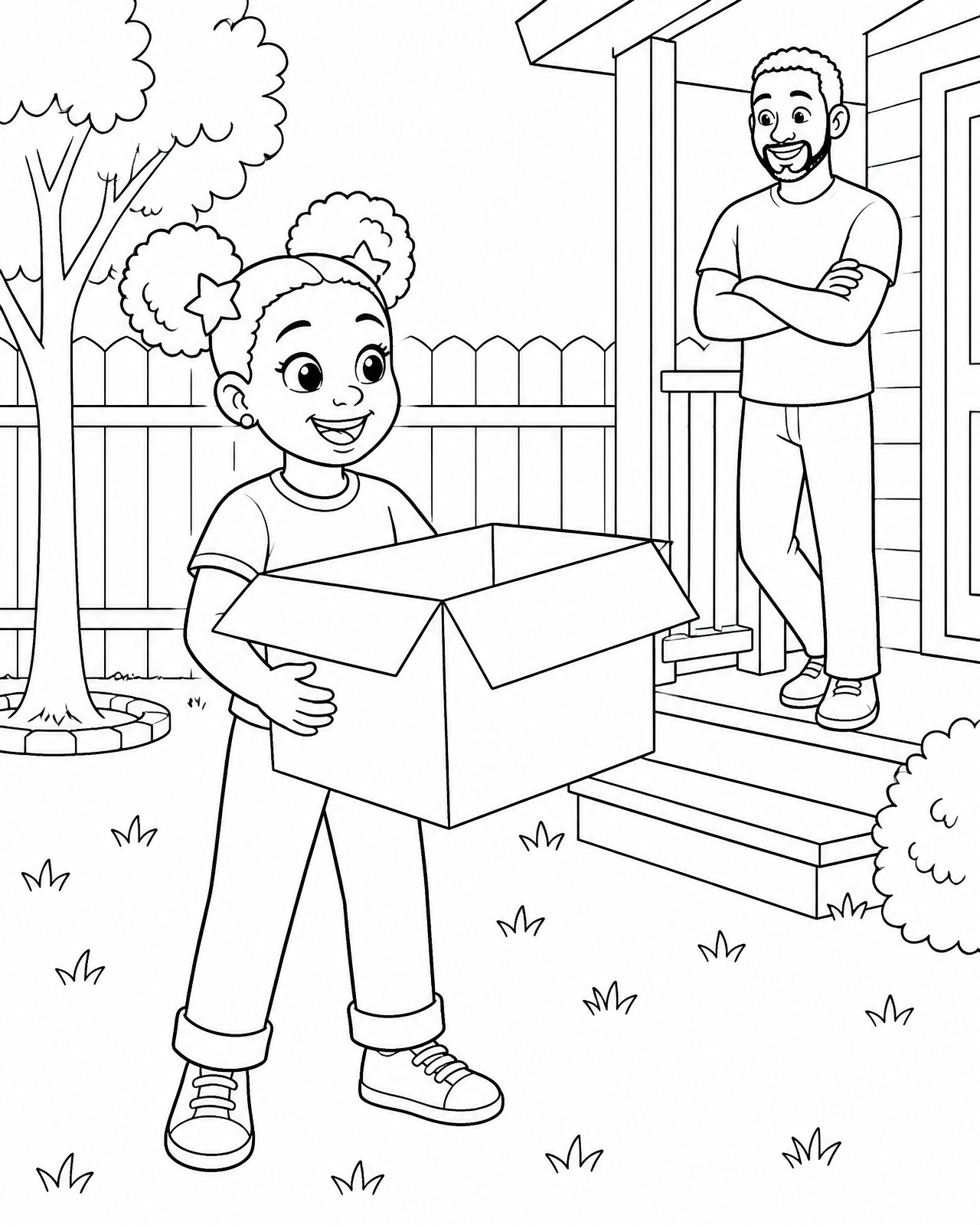 Coloring page of Zora dragging a big cardboard box into the backyard while her papa watches from the porch steps