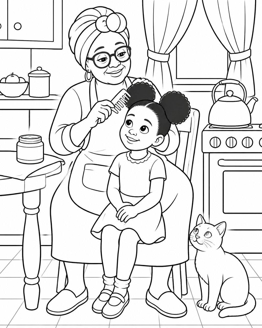 Coloring page of Amara sitting in a kitchen chair between her grandmother's knees on wash day