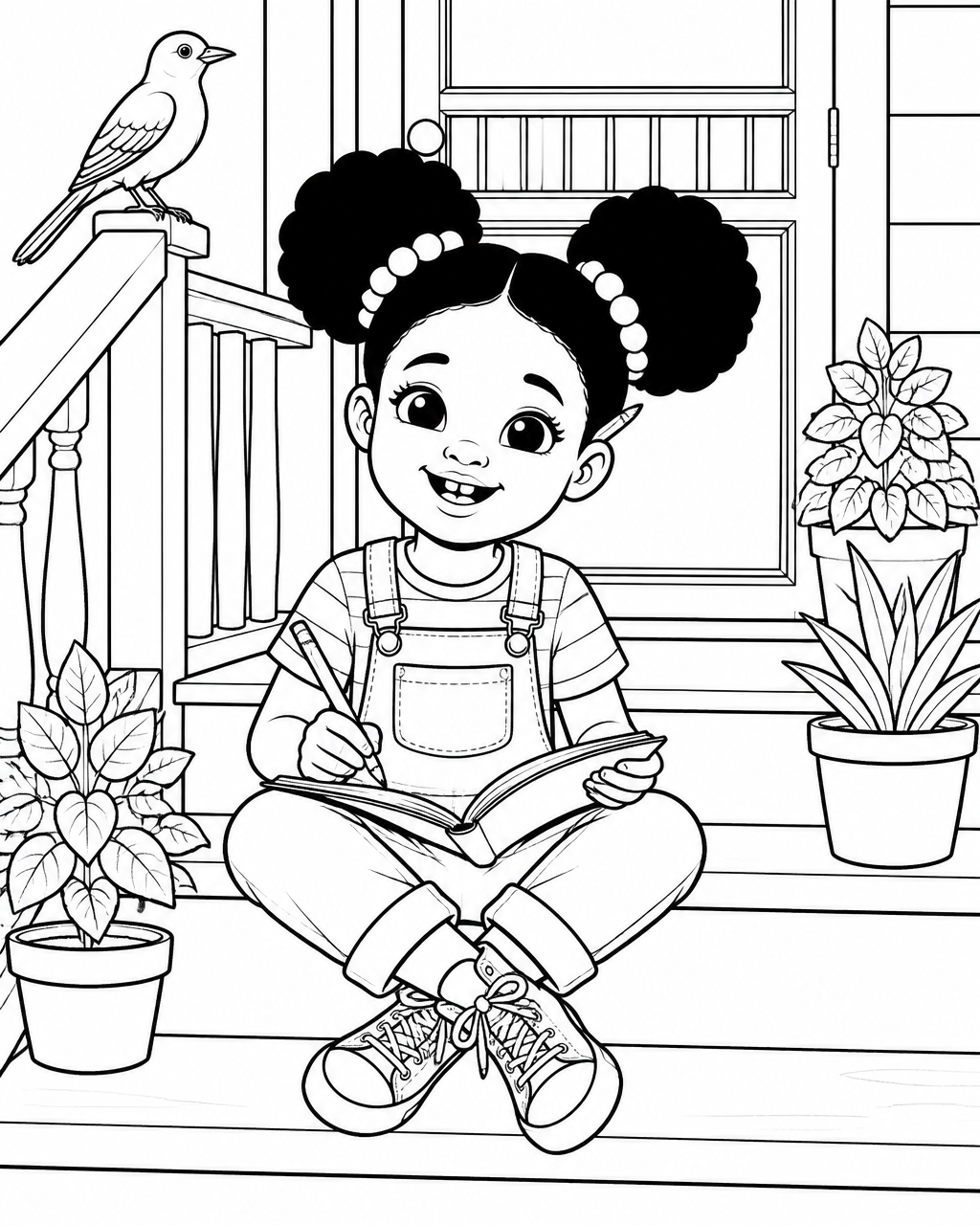 Coloring page of Zuri sitting on her porch steps drawing in a notebook while a mockingbird watches