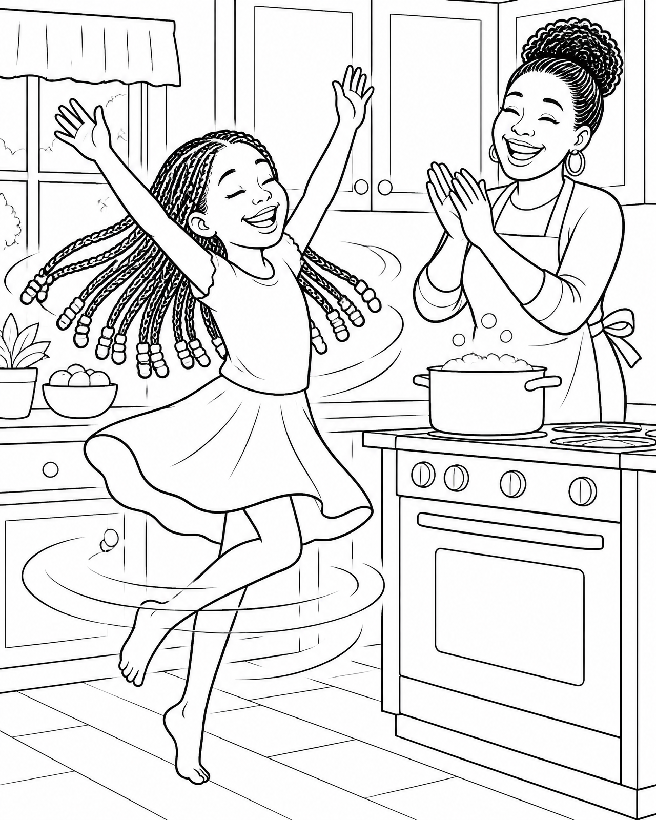 Coloring page of Imani twirling joyfully through the kitchen while her mama claps beside the stove