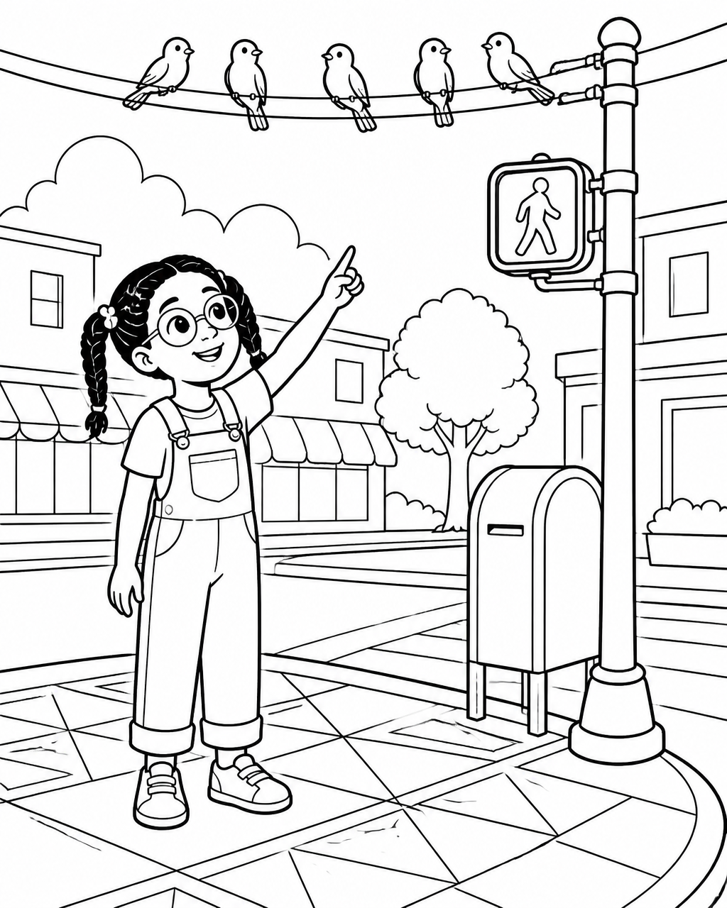 Coloring page of Naima on a street corner pointing up at birds sitting along a telephone wire