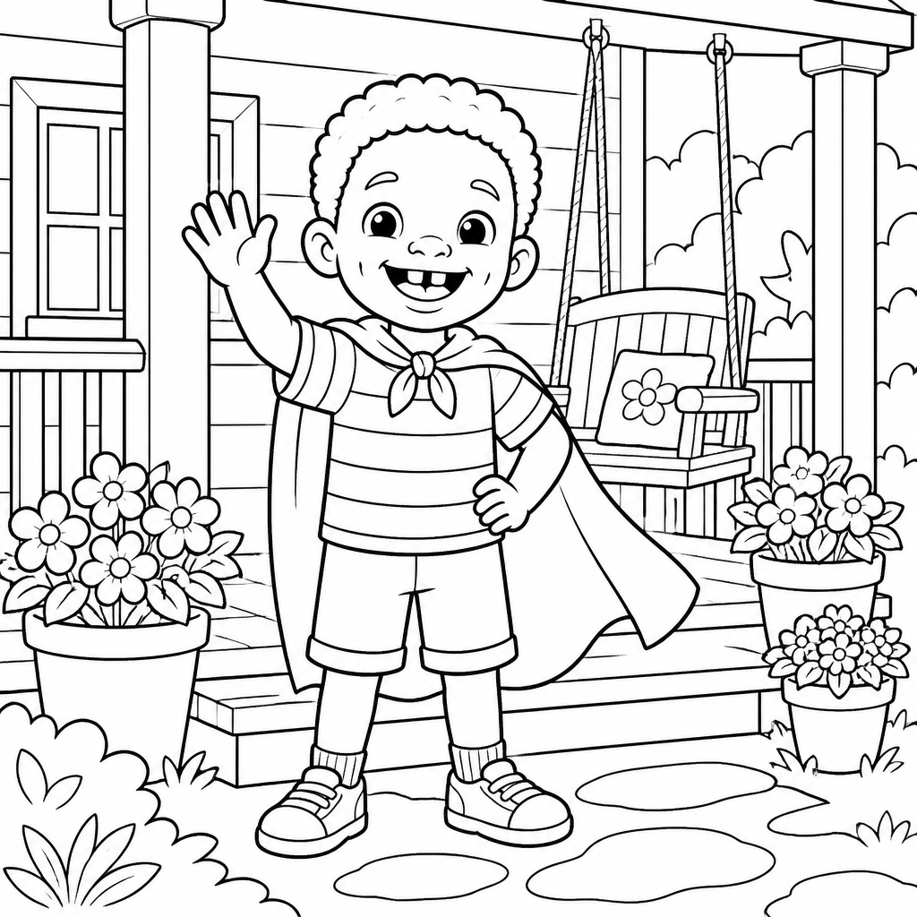 Coloring page of Caleb in his cape waving from the porch of his house beside a porch swing and flower pots