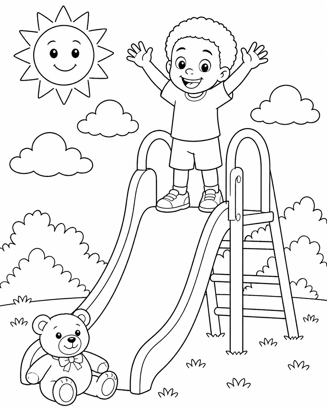 Coloring page of Miles playing happily at the top of a sunny playground slide with his teddy bear nearby