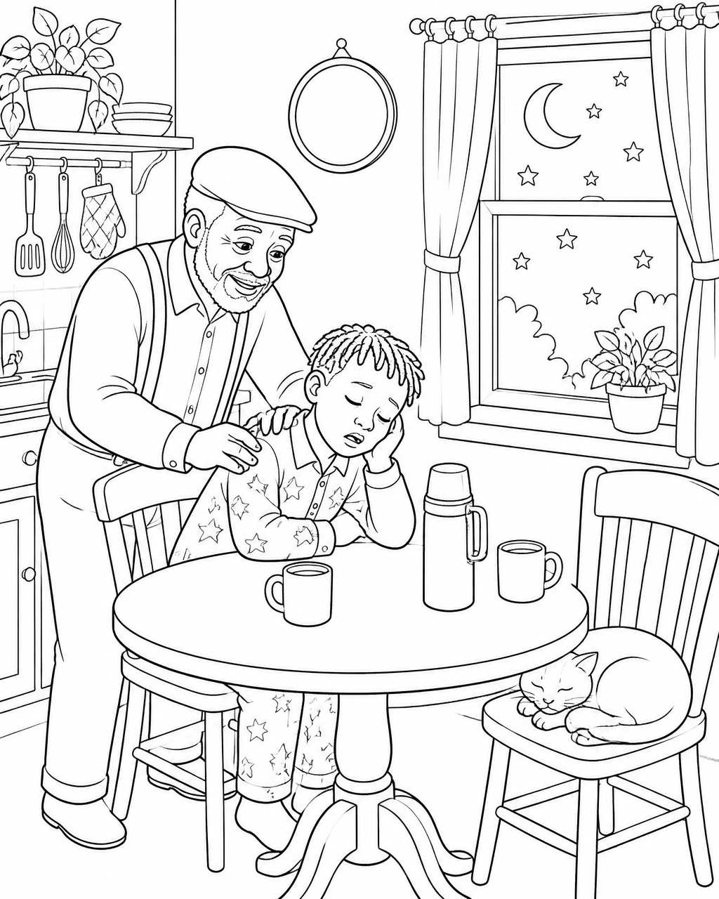 Coloring page of a grandfather waking his sleepy grandson at the kitchen table before dawn