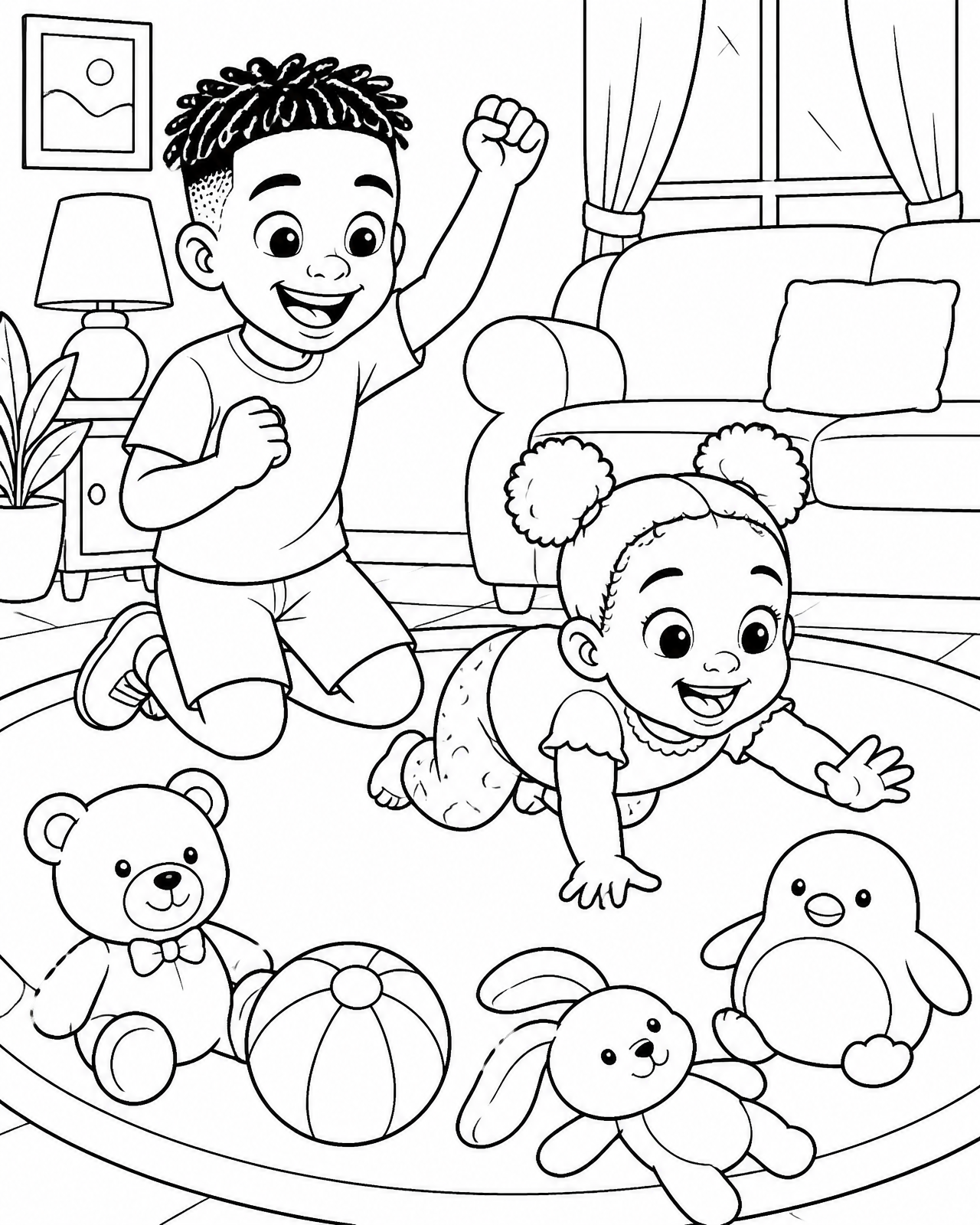 Coloring page of Omari cheering on the rug as baby Zara crawls fast toward her toys