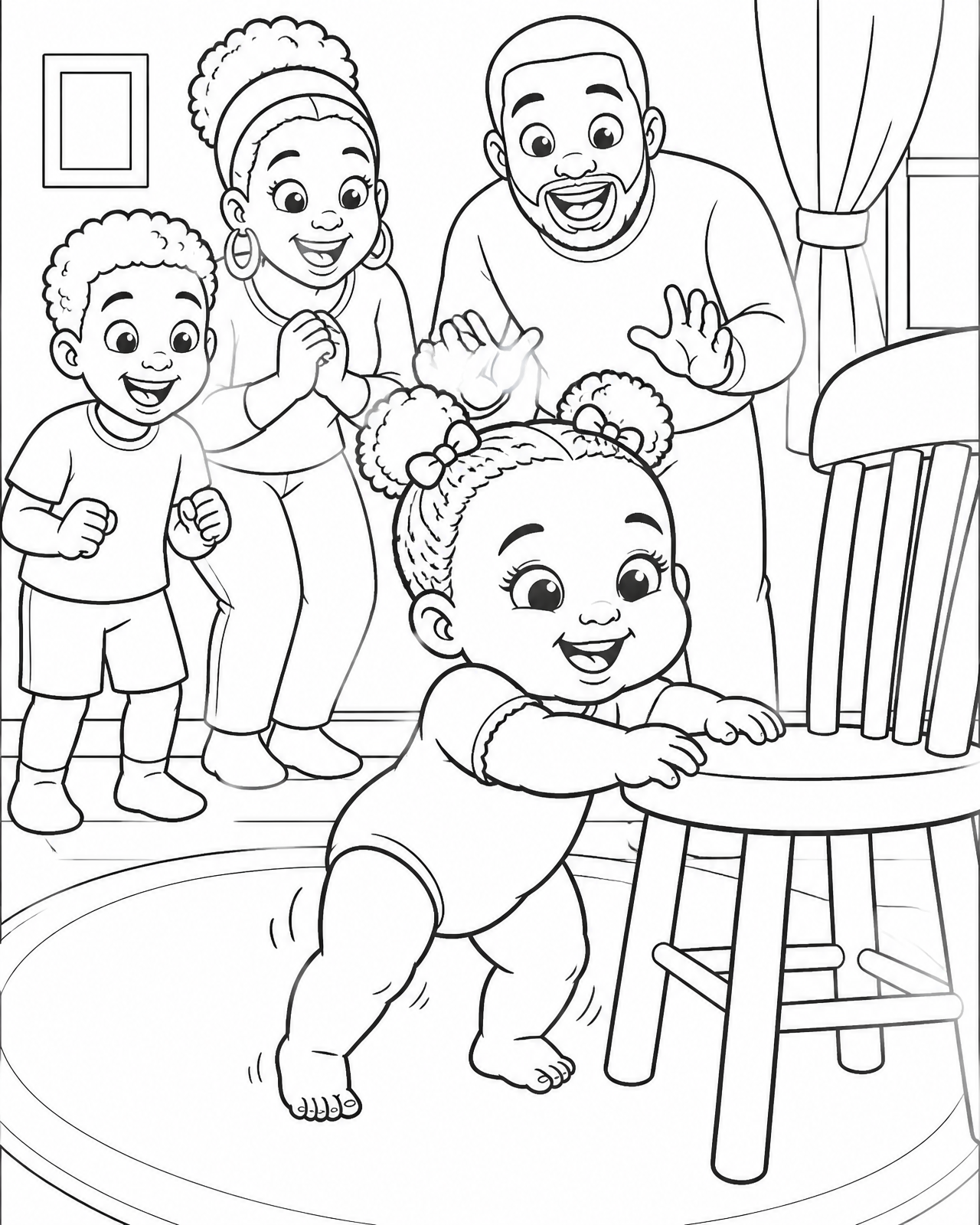 Coloring page of baby Zara pulling herself up to stand by a chair while her family watches in amazement