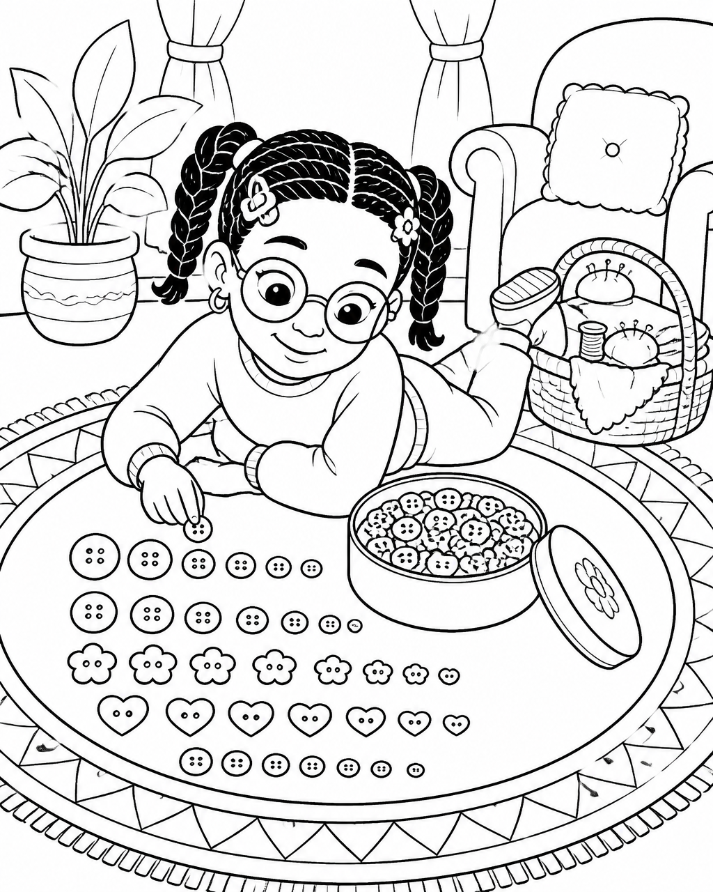Coloring page of Naima lying on a rug sorting a tin of buttons into neat rows by size and shape