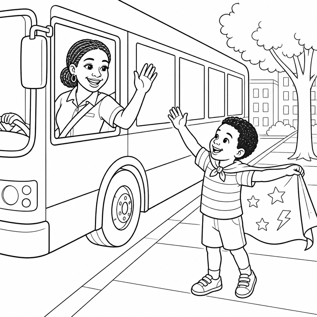 Coloring page of Caleb waving up at his mommy driving a city bus while she waves back from the window
