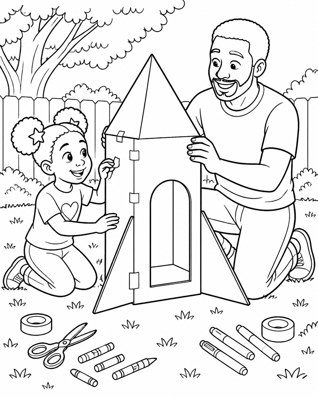 Coloring page of Zora and her papa building a cardboard rocket in the grass with tape, scissors, and crayon fins
