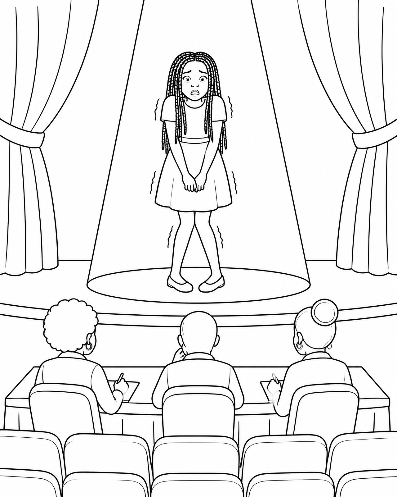 Coloring page of Imani frozen nervously in the spotlight on stage in front of the judges' table