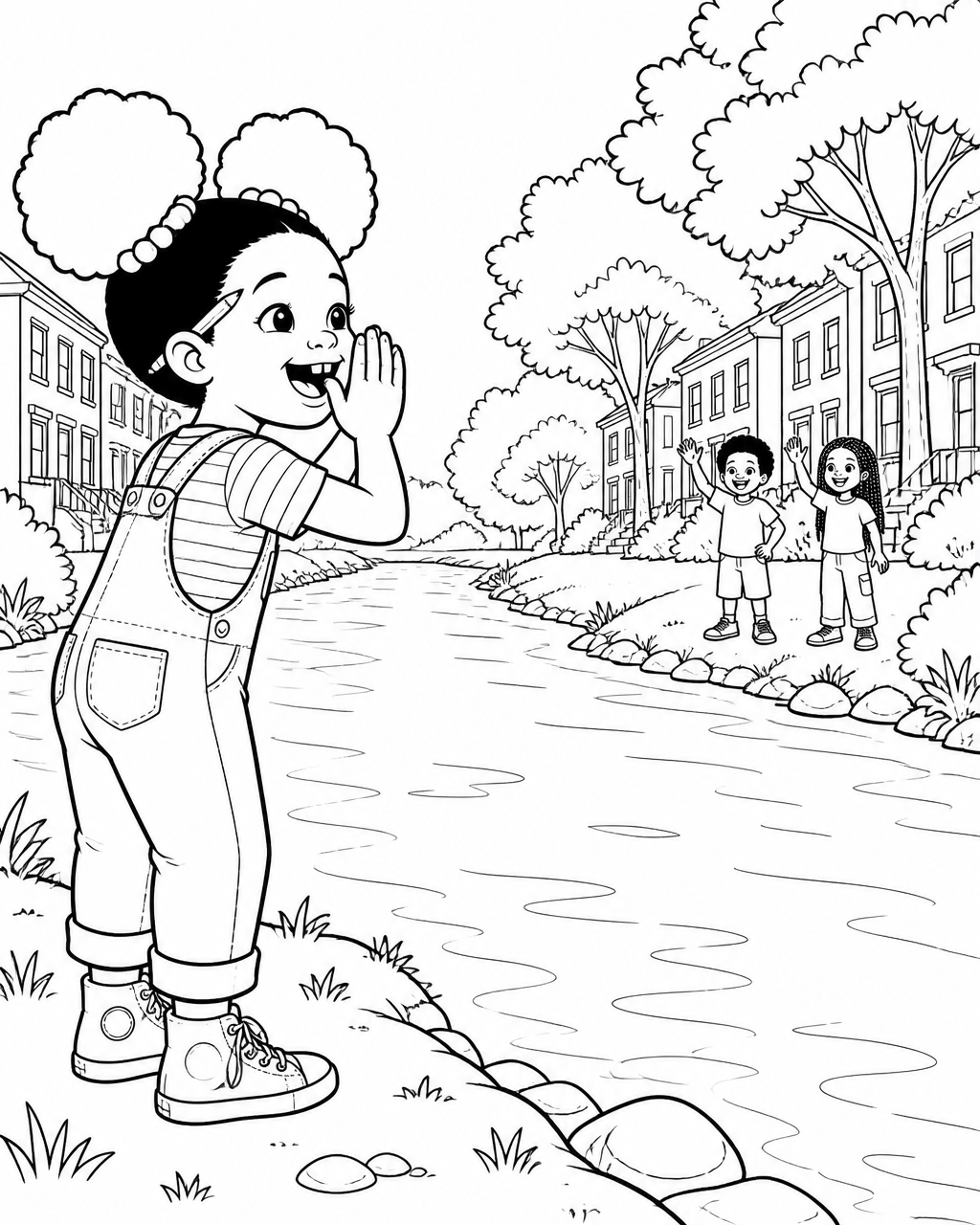 Coloring page of Zuri calling across a wide creek to two friends waving from the far bank