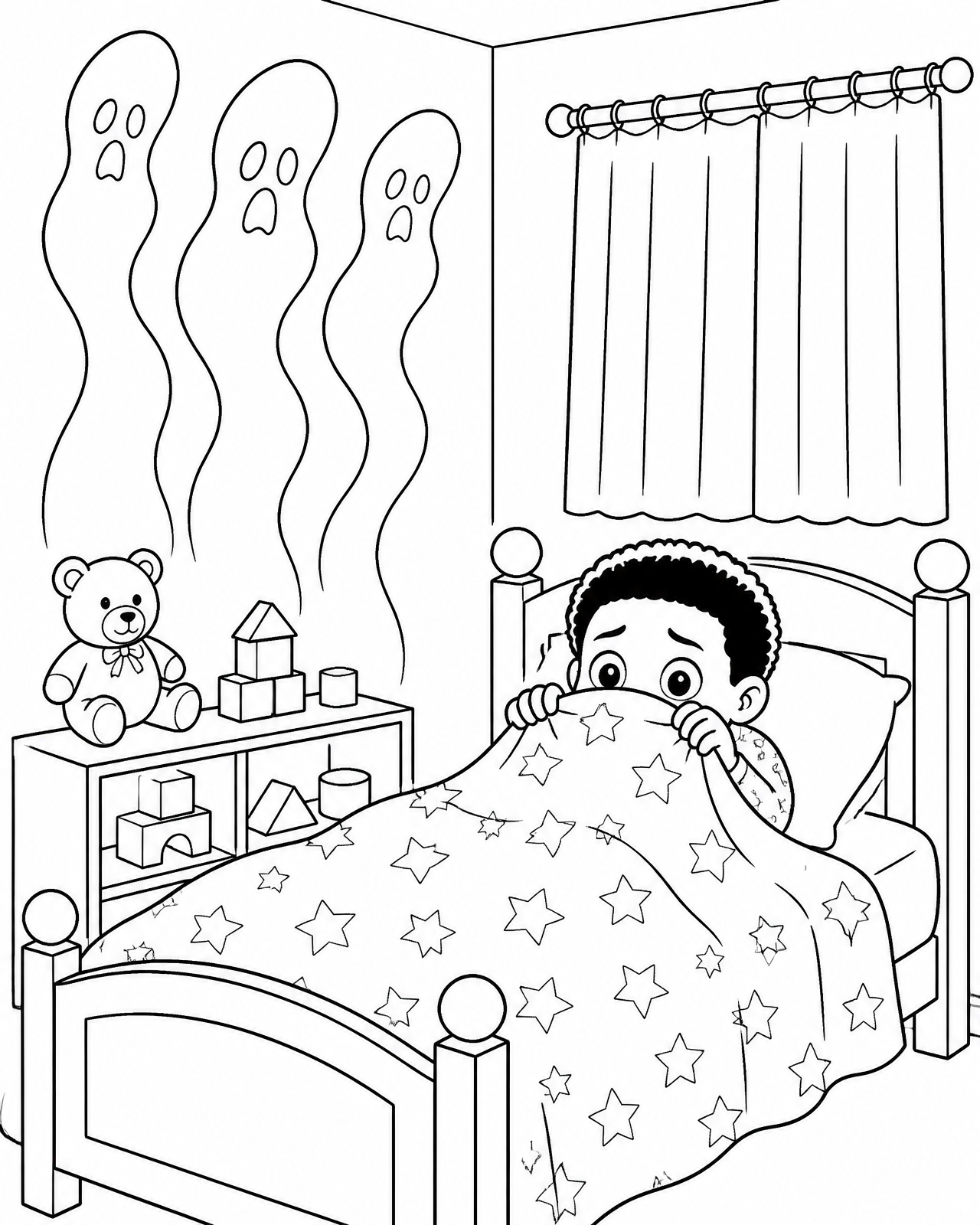 Coloring page of Miles peeking scared from under his blanket while tall wavy shadows rise from his toy shelf