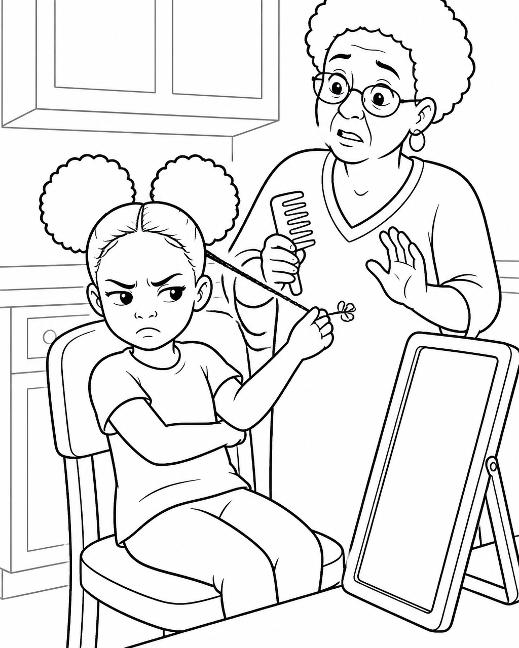 Coloring page of Amara frowning with her arms crossed, stretching one curl out so it springs back