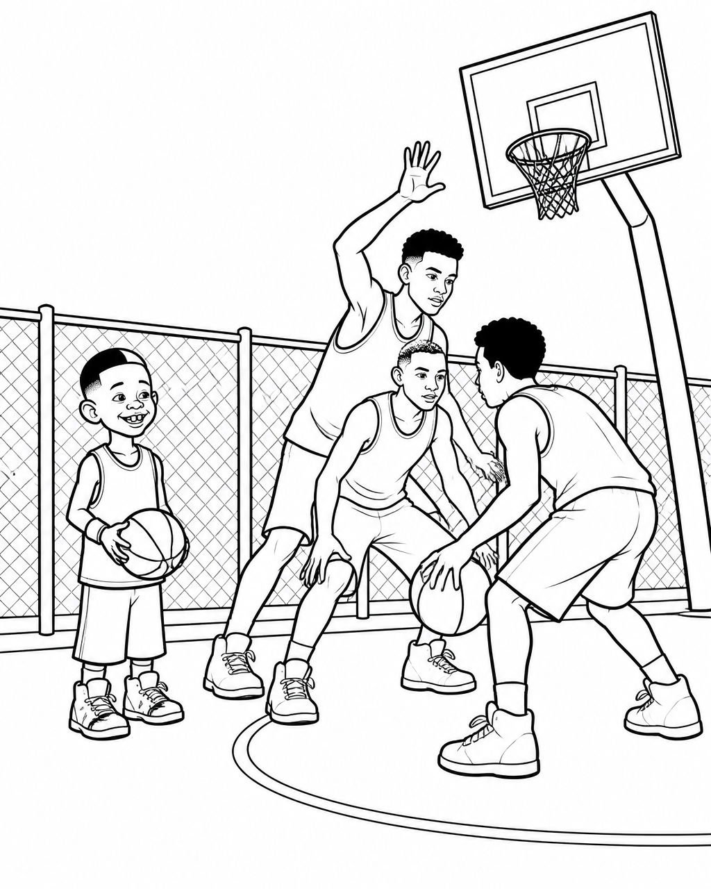 Coloring page of Timothy standing small by the fence holding his ball while taller players scrimmage