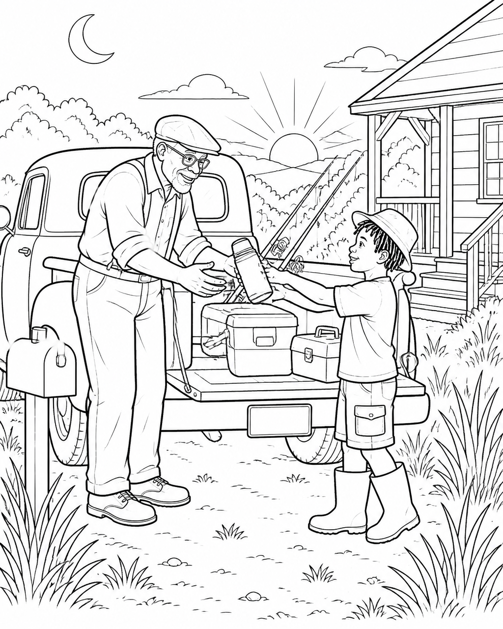 Coloring page of a grandfather loading fishing gear into a pickup truck while his grandson hands him a thermos