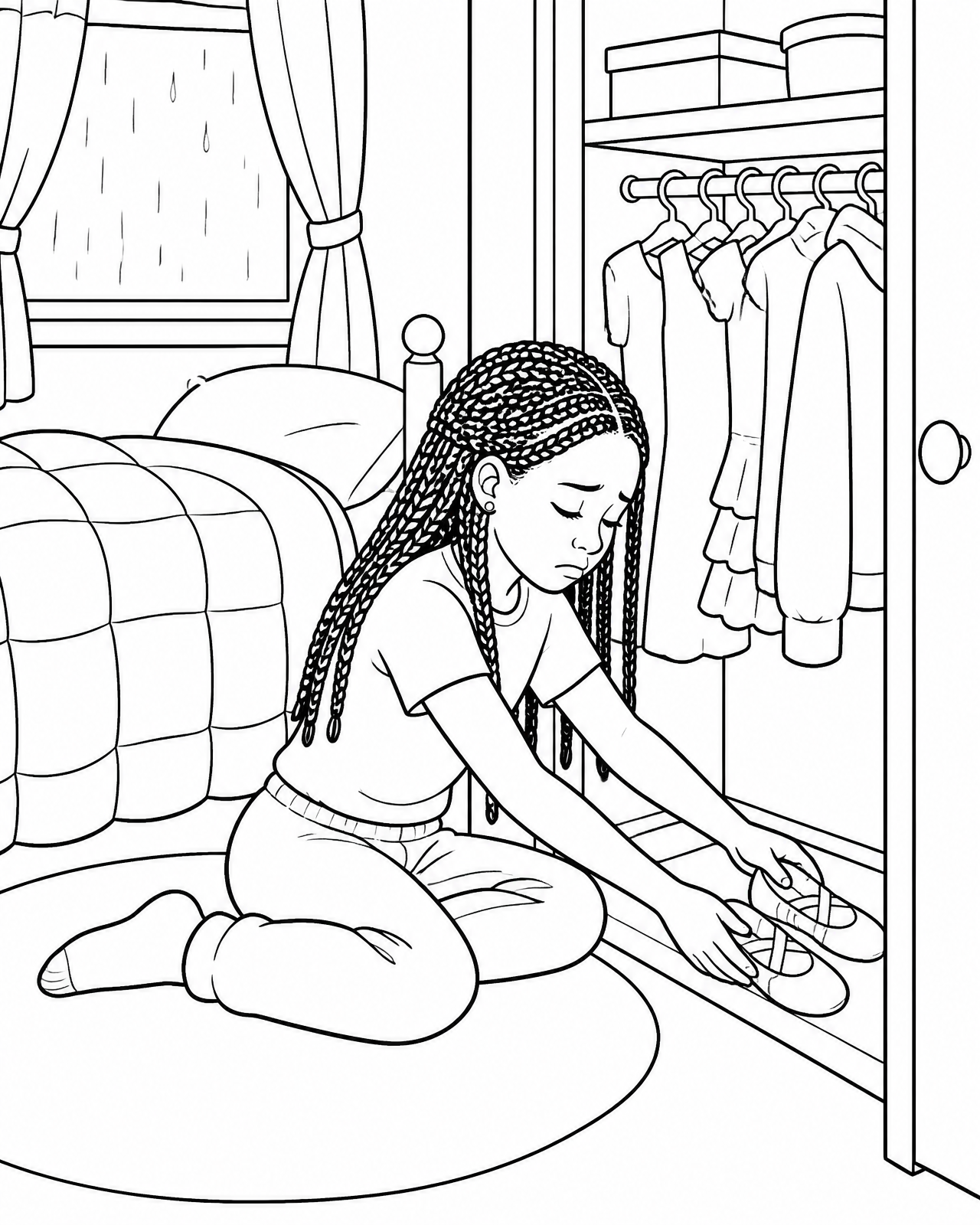 Coloring page of Imani sadly hiding her dance shoes in the back of her closet