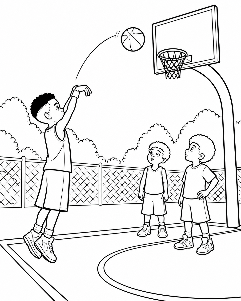 Coloring page of Timothy shooting from the corner while the ball arcs short of the leaning rim