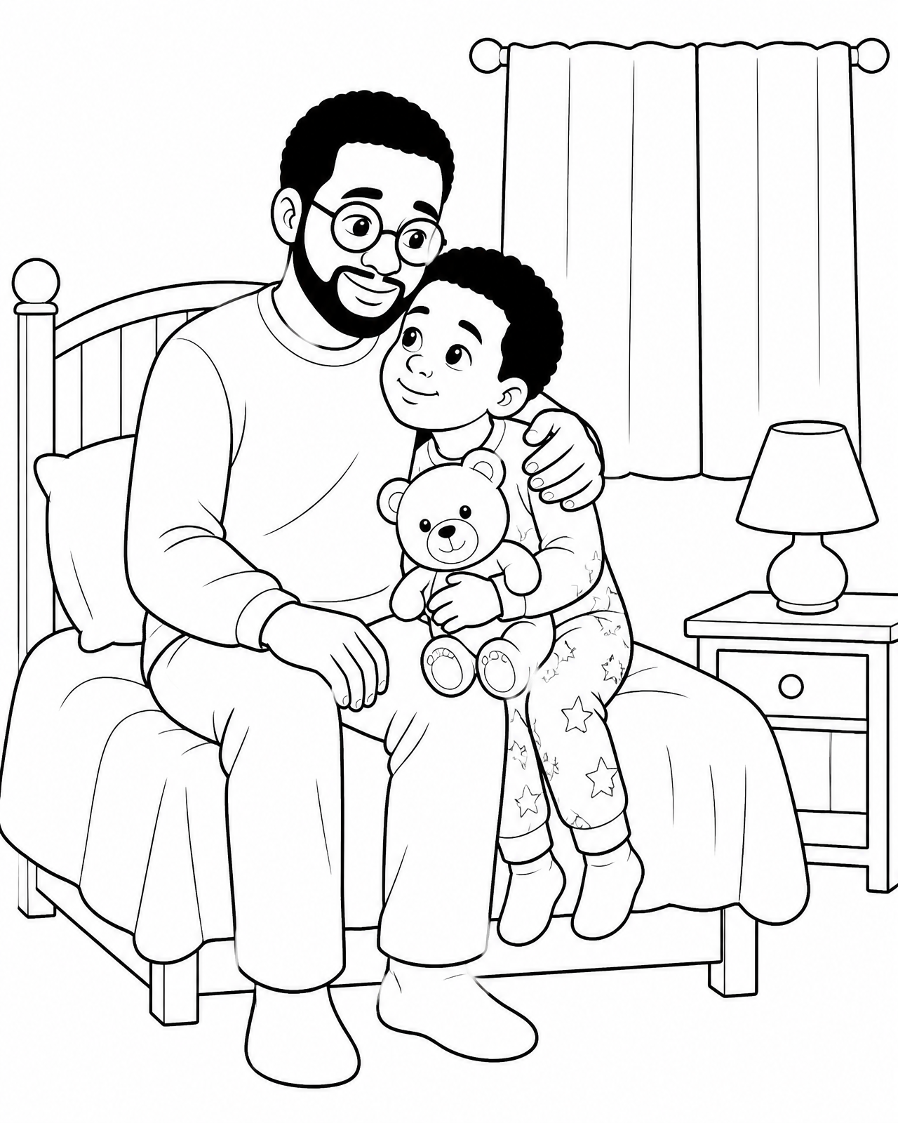 Coloring page of Daddy sitting on the bed with his arm around Miles, who hugs his teddy bear