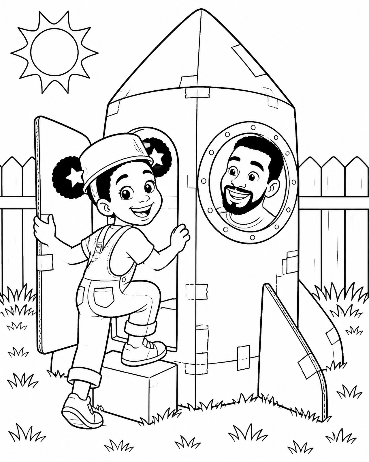 Coloring page of Zora climbing into her cardboard rocket wearing a pot helmet while her papa peeks through the window