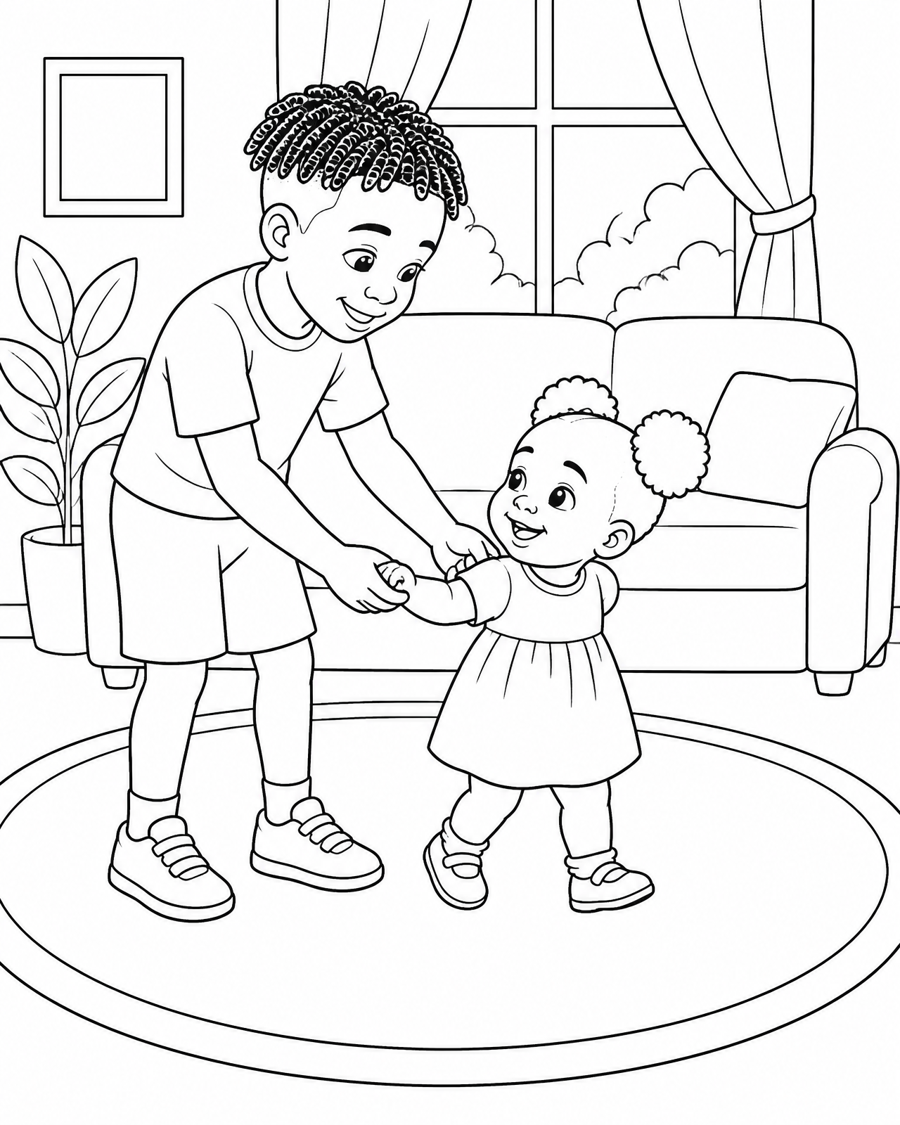 Coloring page of Omari holding both of Zara's hands and walking her slowly across the rug