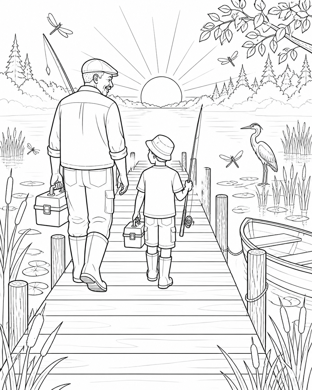 Coloring page of a grandfather and grandson walking down a misty dock at sunrise past a heron