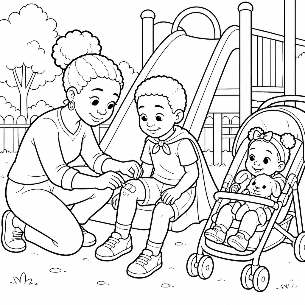 Coloring page of Mommy kneeling at the playground putting a bandage on Caleb's knee while baby Zoe watches from her stroller