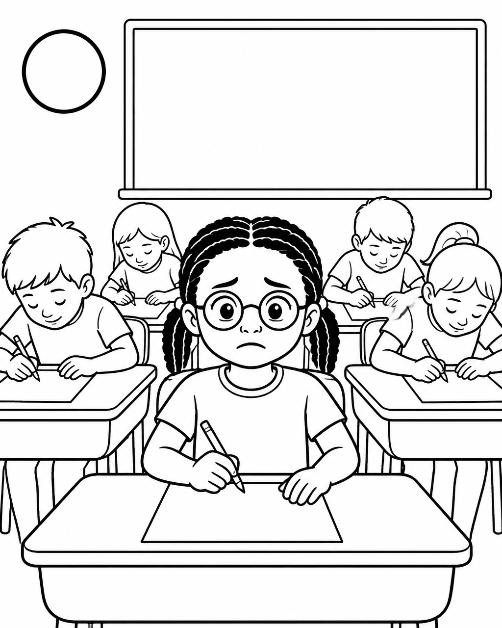 Coloring page of Naima frozen at her classroom desk holding a pencil over a blank sheet of paper