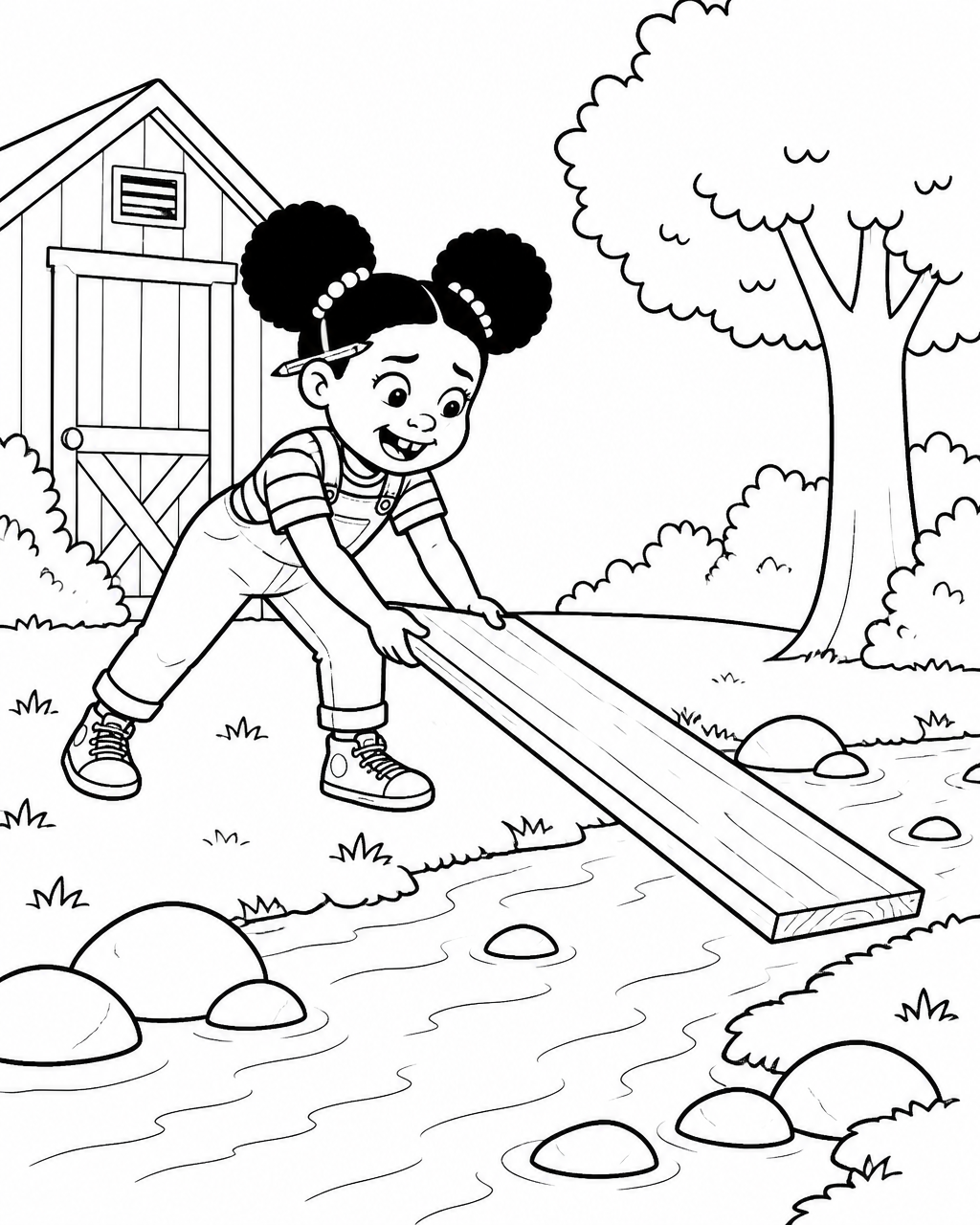 Coloring page of Zuri dragging a long wooden plank toward the creek beside a garden shed