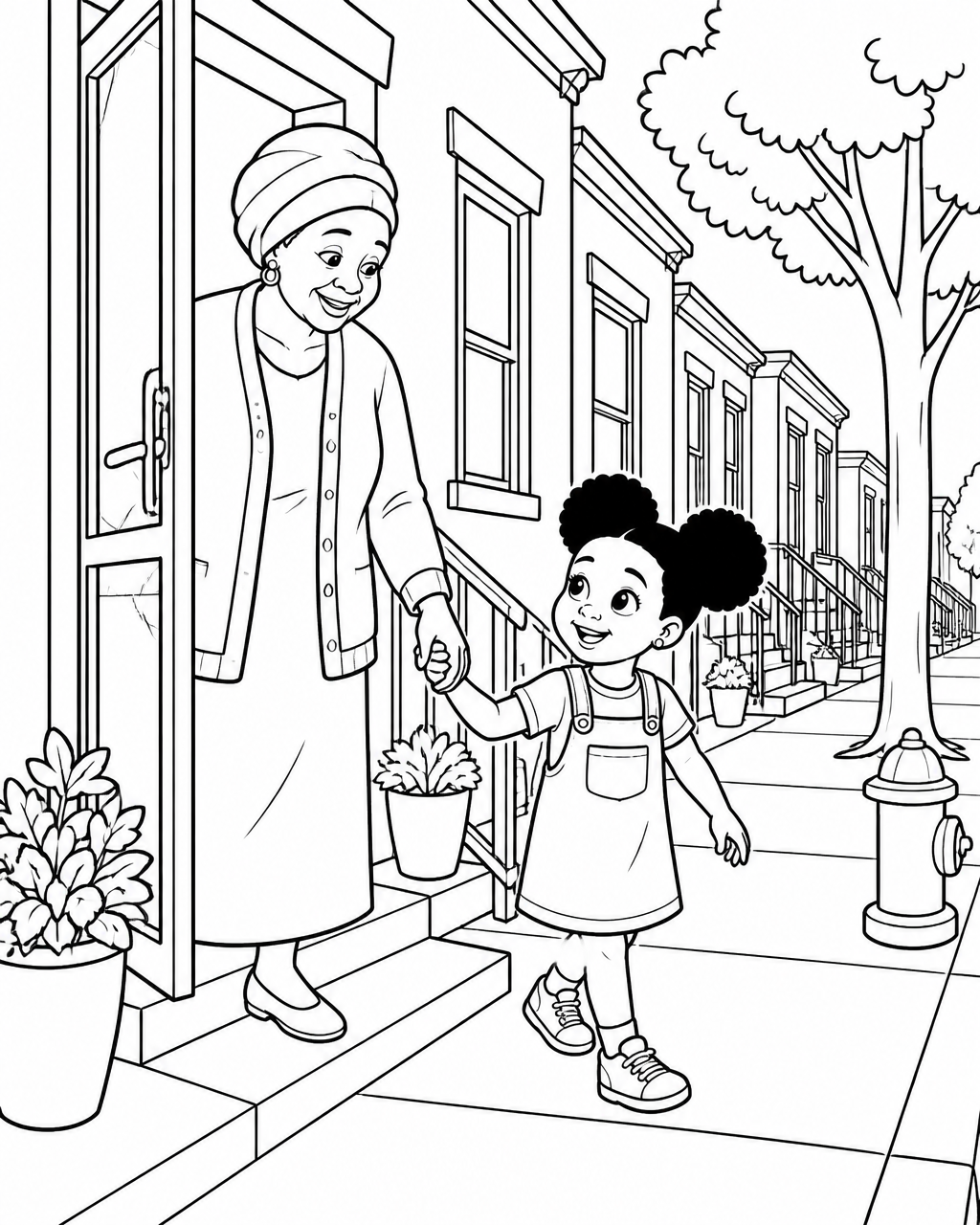 Coloring page of Amara and her grandmother stepping out the screen door onto a street of row houses