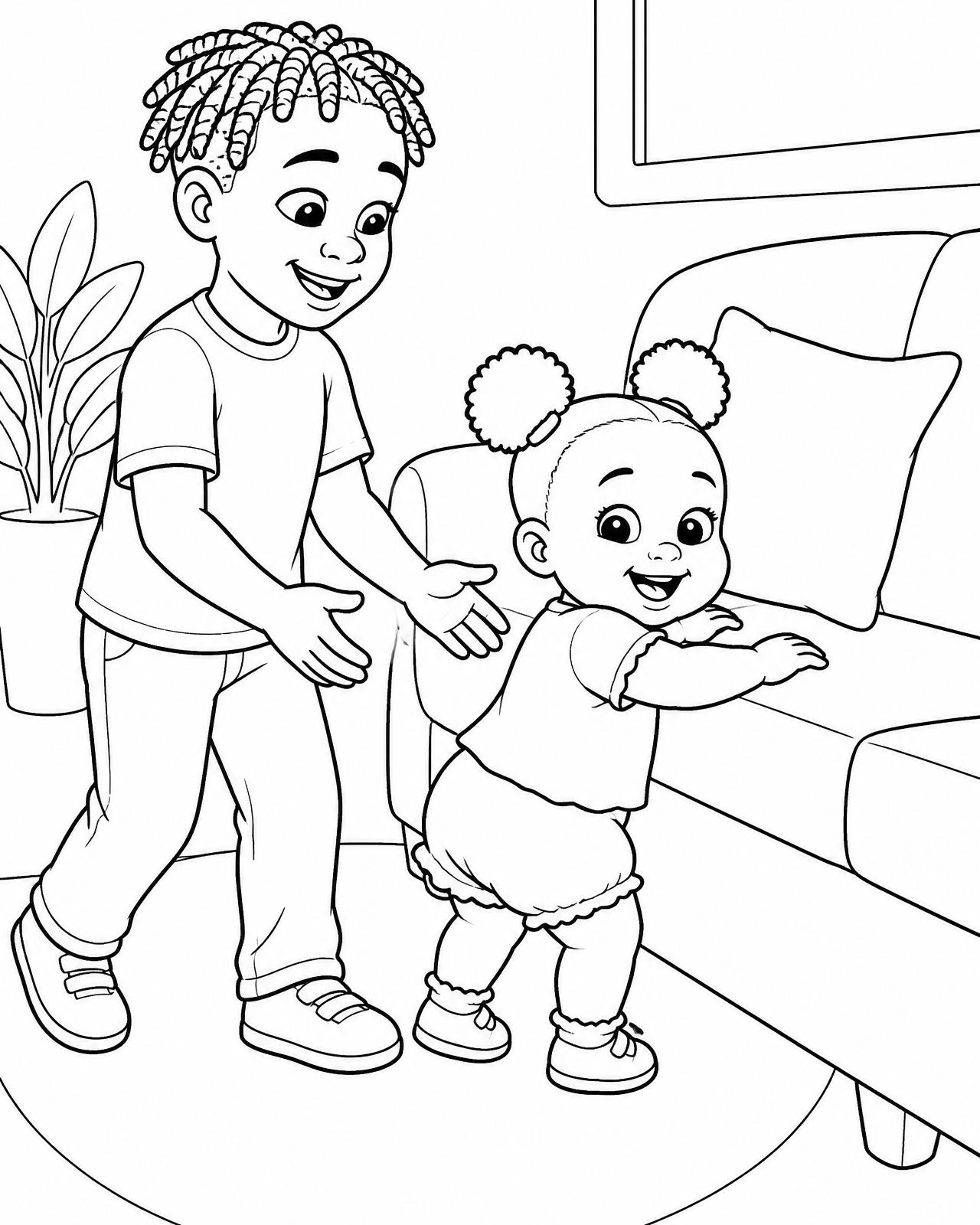 Coloring page of baby Zara cruising sideways along the couch while Omari walks beside her ready to catch her