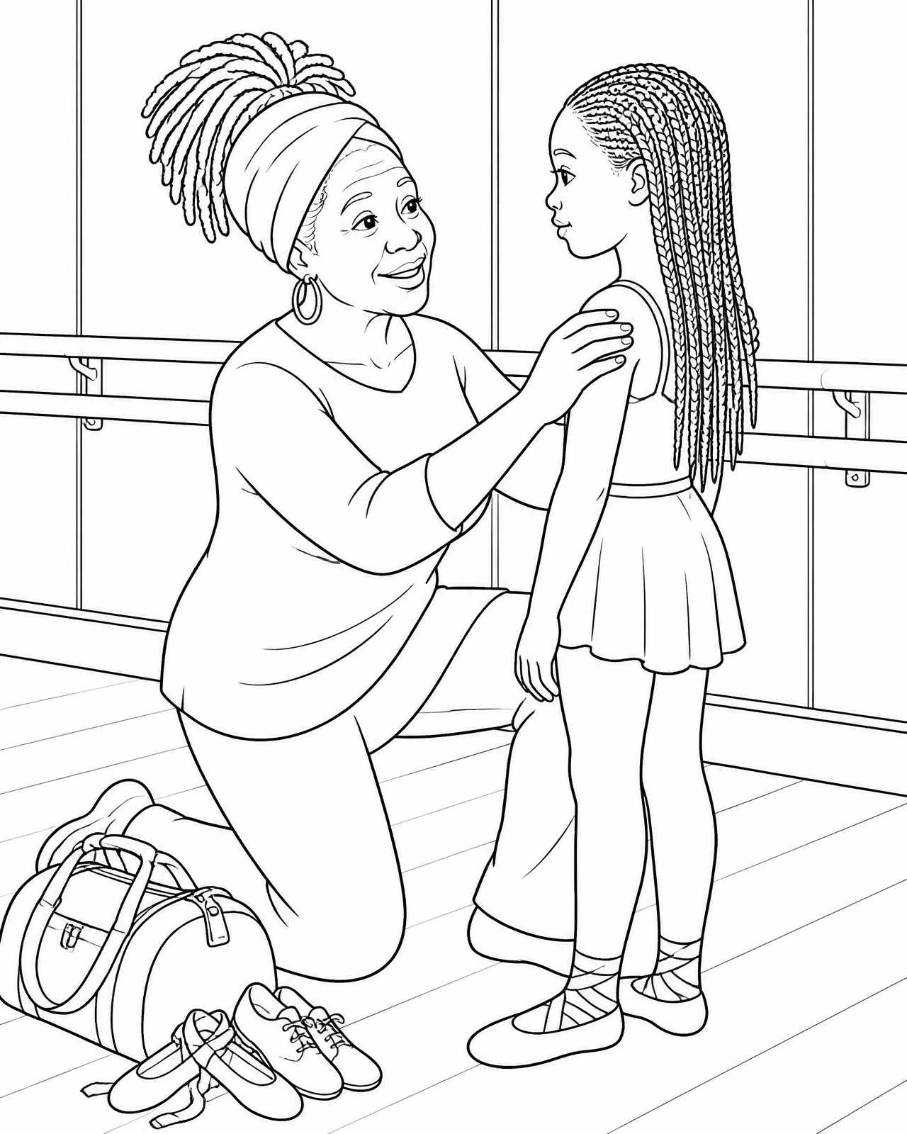 Coloring page of dance teacher Ms. Joy kneeling and encouraging Imani in the dance studio