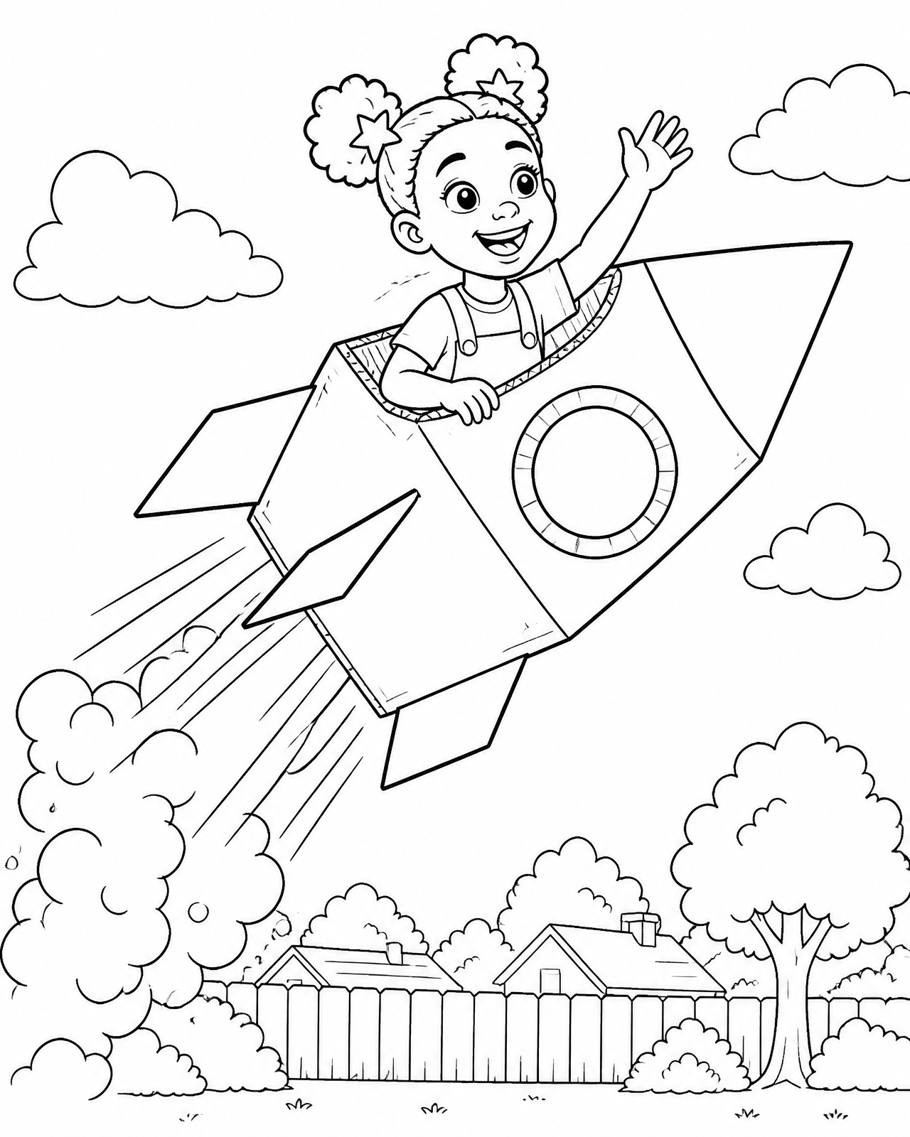 Coloring page of Zora's cardboard rocket blasting off into the sky above a shrinking backyard
