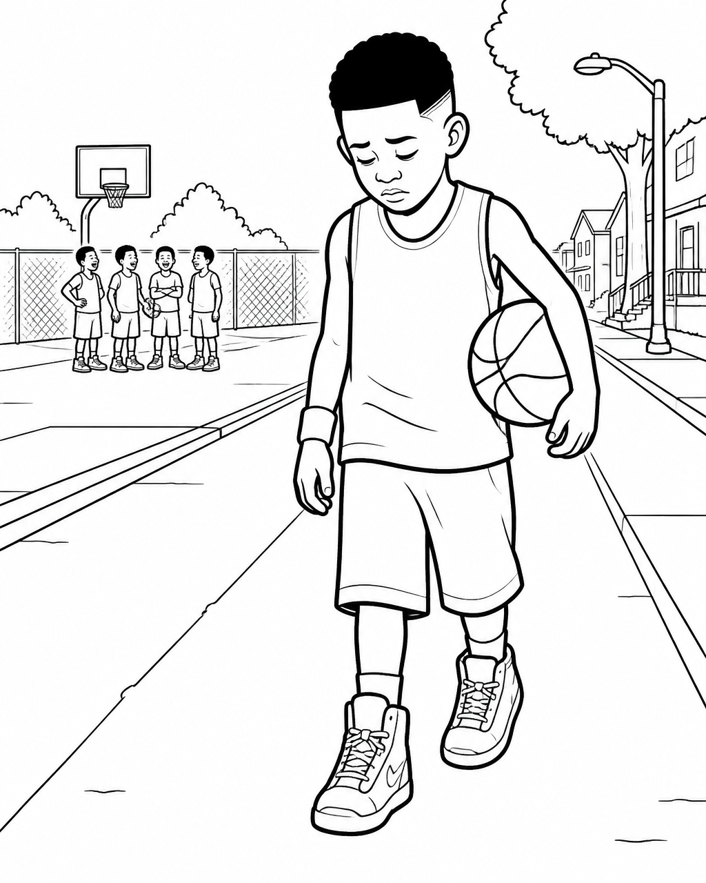 Coloring page of Timothy walking home alone with his head down while kids stand on the court behind him