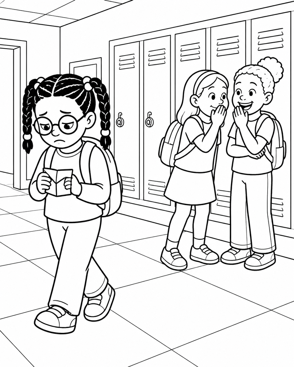 Coloring page of Naima walking down a school hallway with her head down while two classmates laugh behind her