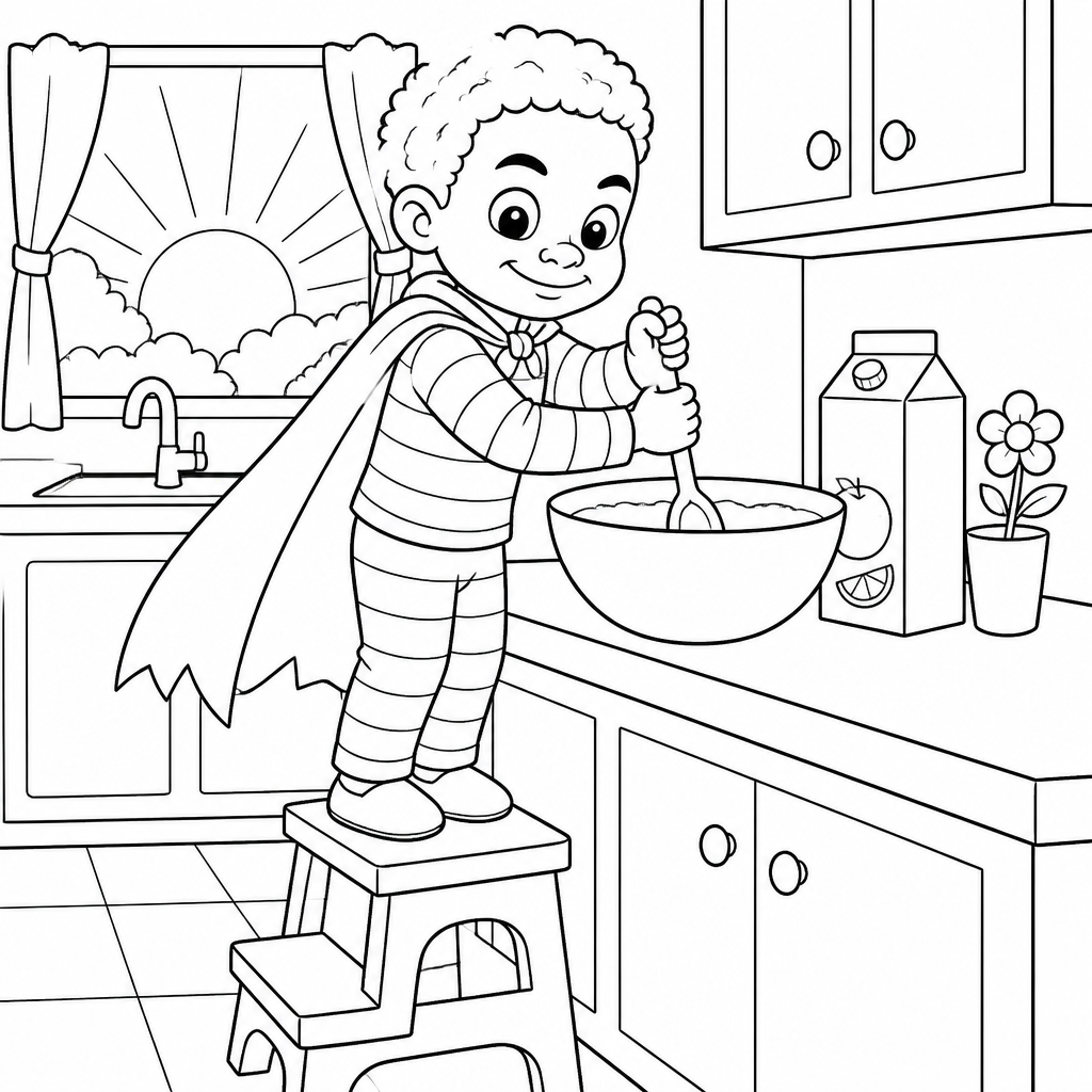 Coloring page of Caleb in his cape standing on a step stool stirring a big mixing bowl in the kitchen at sunrise
