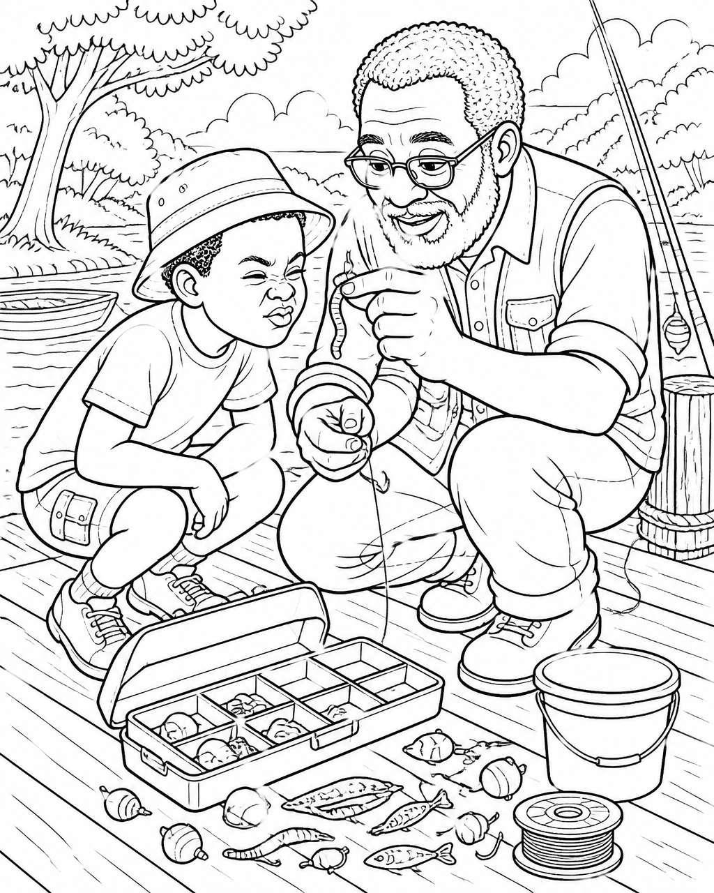 Coloring page of a grandfather showing his grandson how to bait a hook with a wiggly worm