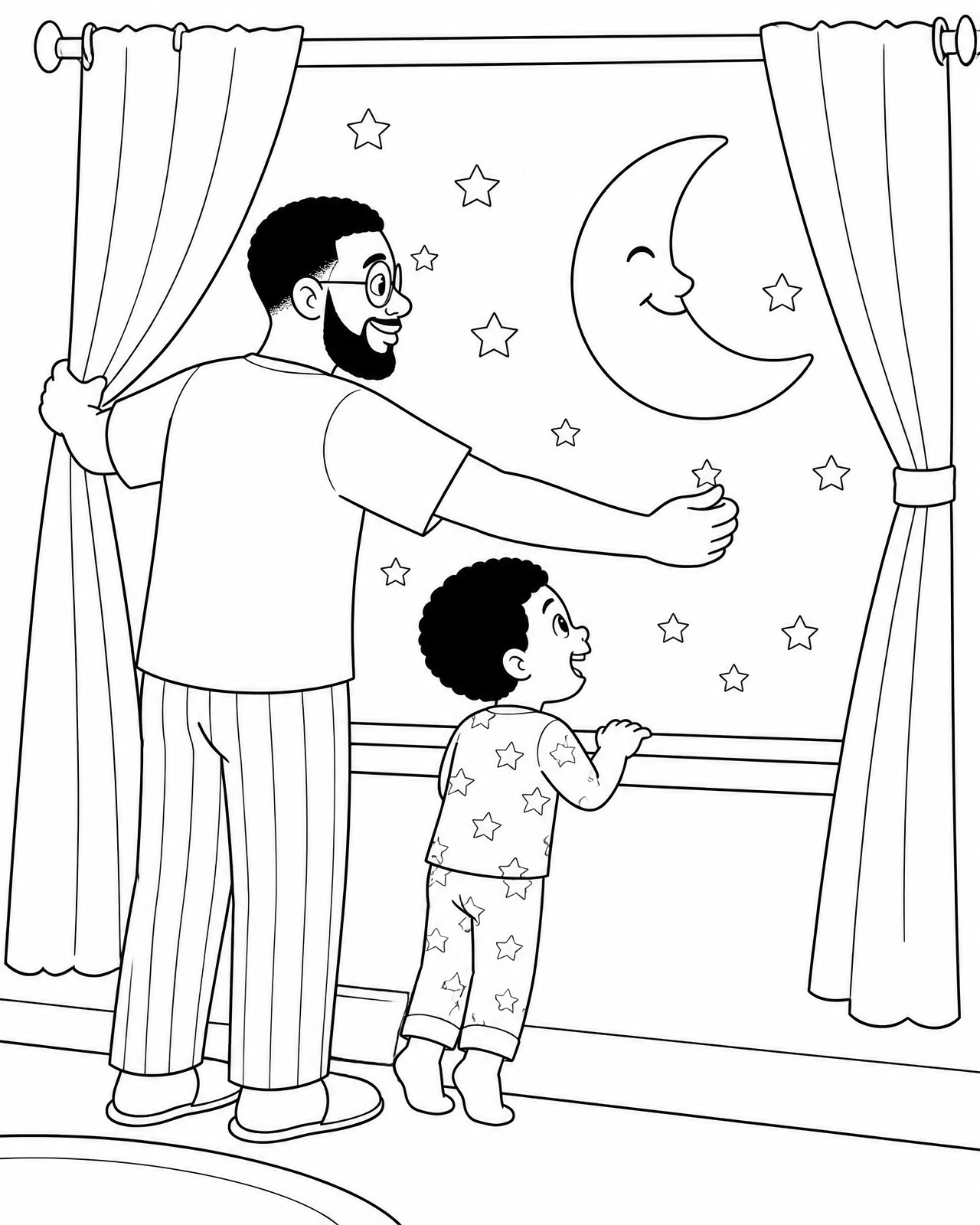 Coloring page of Daddy opening the curtains as Miles looks out in wonder at a big smiling crescent moon and stars