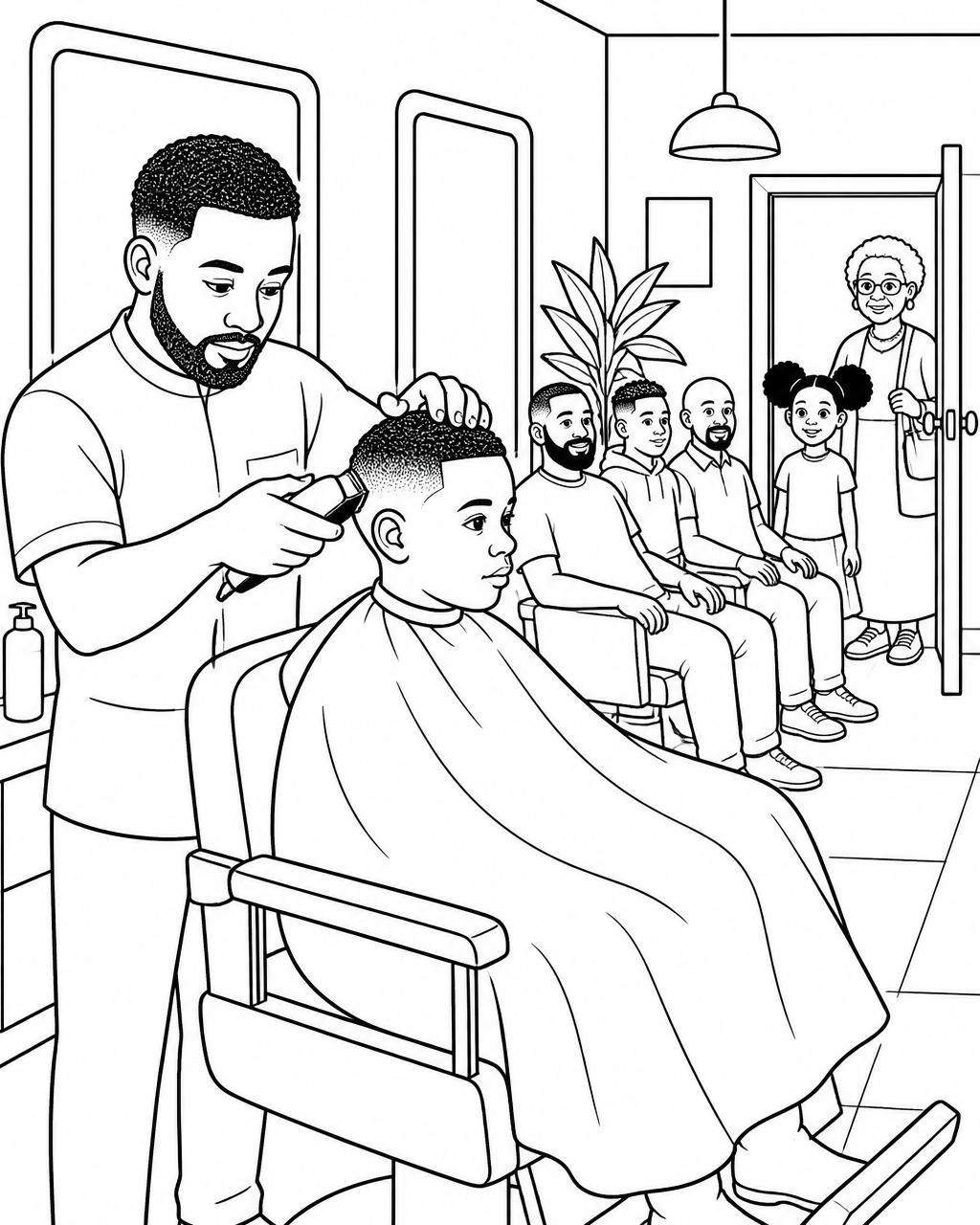 Coloring page of a barber shaping a boy's fade while Amara and her grandmother watch from the doorway