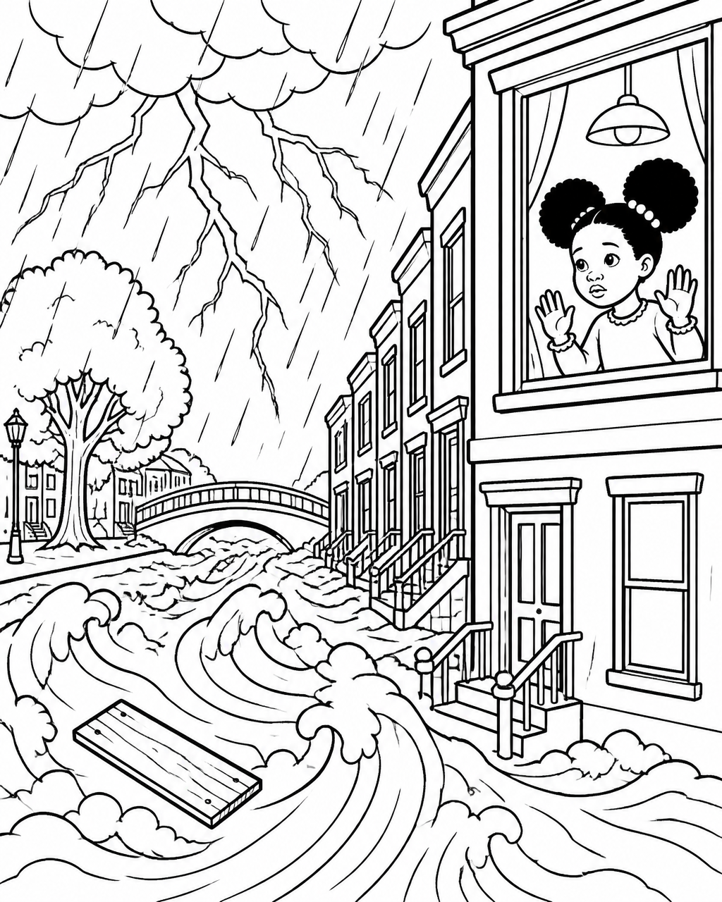 Coloring page of a thunderstorm flooding the creek while Zuri watches from a lit window