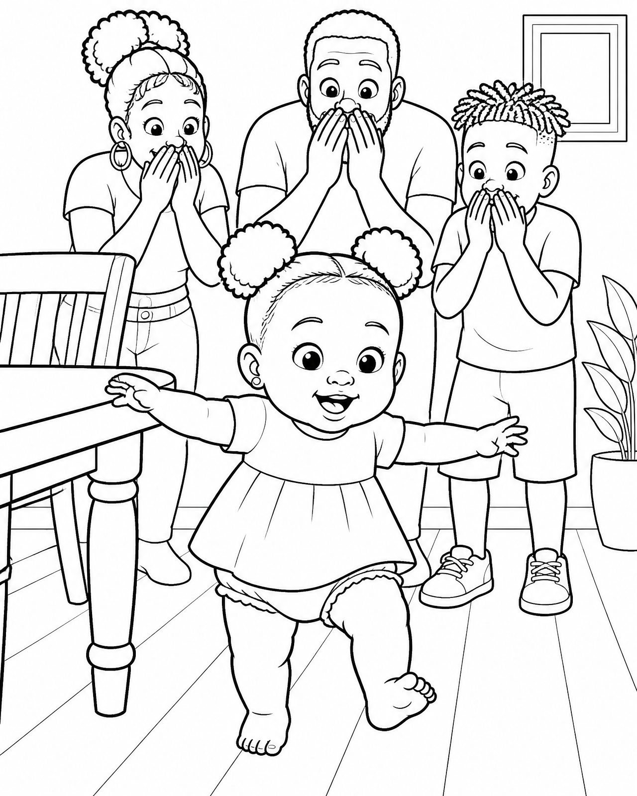 Coloring page of Zara letting go of the table for one wobbly step while her family cheers behind her