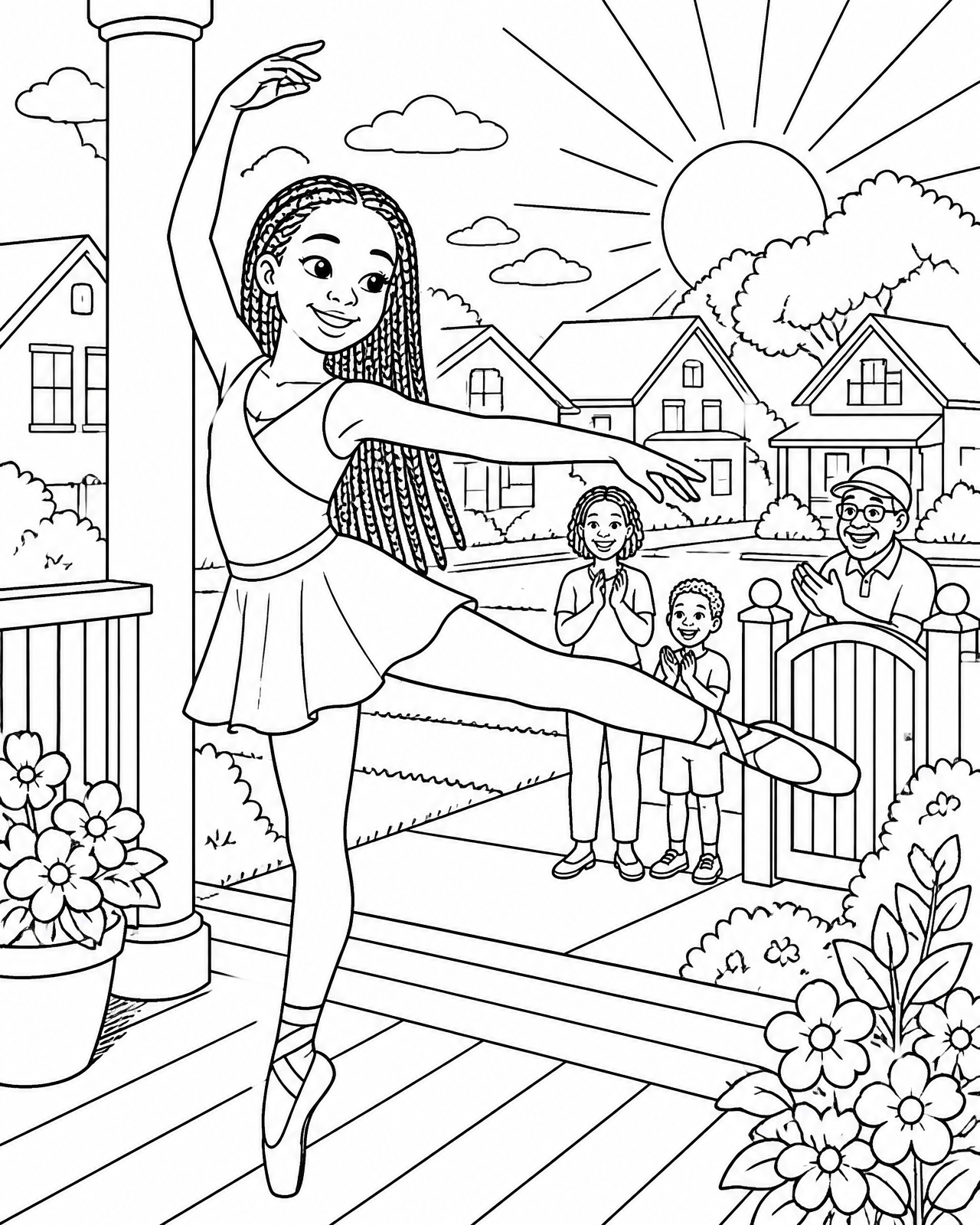Coloring page of Imani practicing ballet on her front porch while neighbors clap from the sidewalk