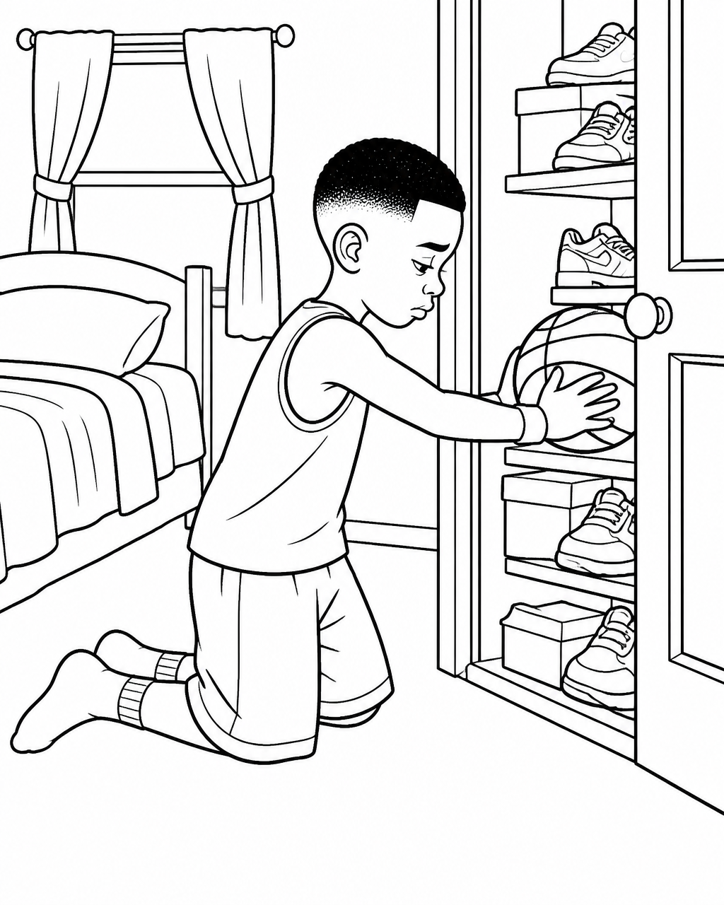 Coloring page of Timothy kneeling and pushing his basketball into the back of a bedroom closet