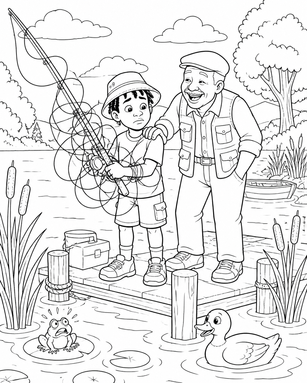 Coloring page of a boy with his fishing line tangled in loops while his grandfather laughs kindly