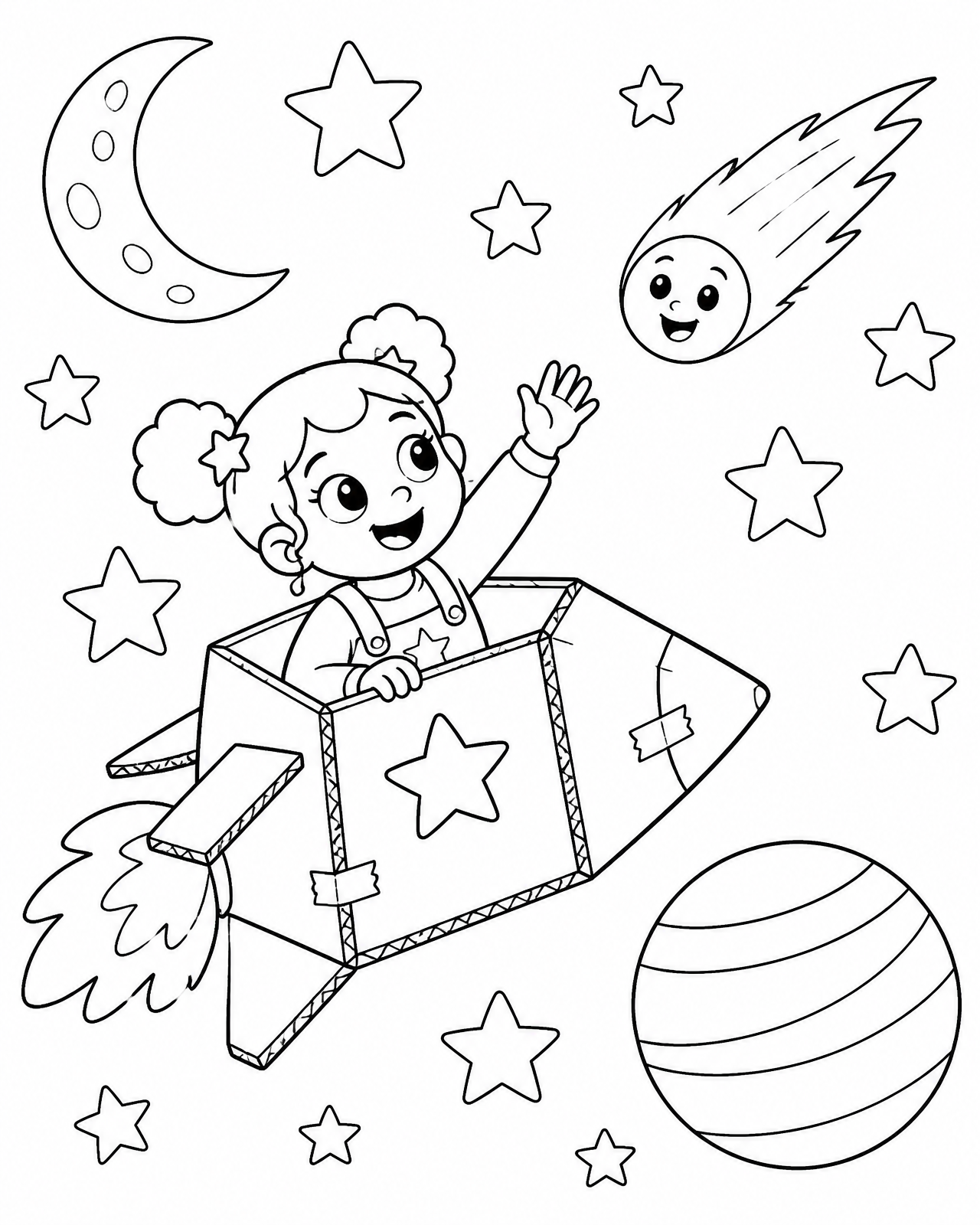 Coloring page of Zora in her rocket among outlined stars, a crescent moon, and a striped planet