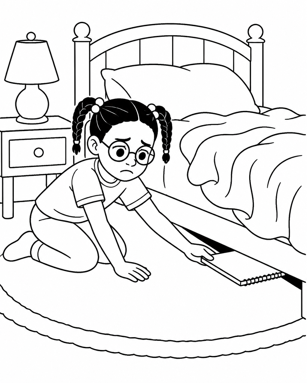 Coloring page of Naima kneeling beside her bed pushing a notebook far underneath it