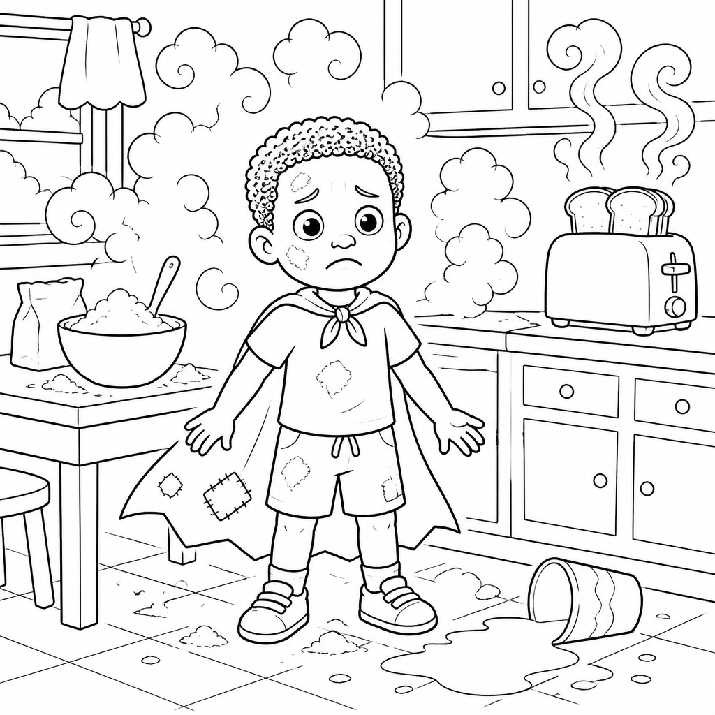 Coloring page of Caleb standing worried in a messy kitchen with flour clouds, spilled juice and a smoking toaster