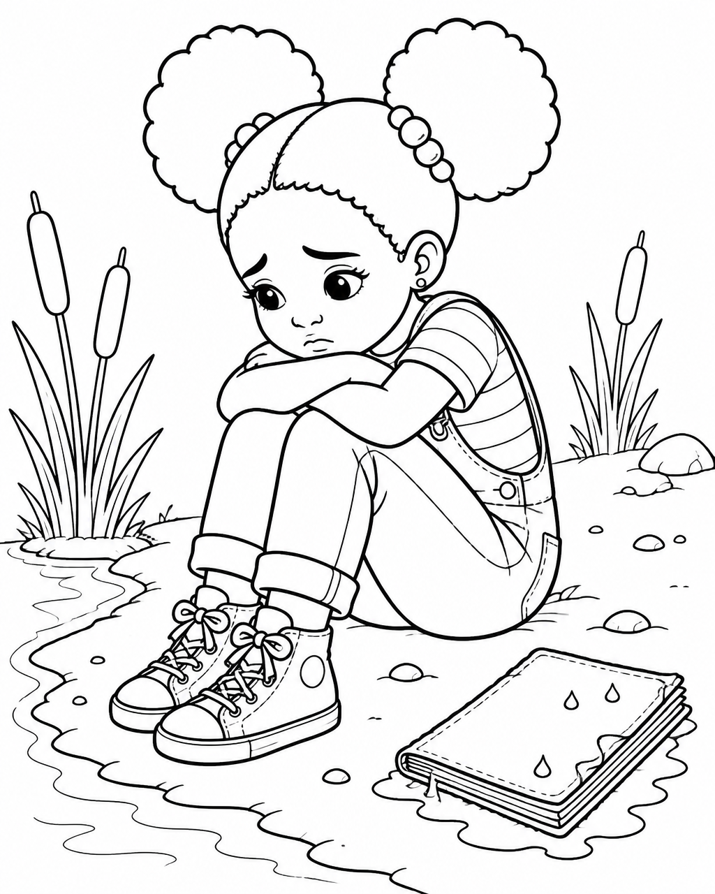 Coloring page of Zuri sitting alone on the creek bank with her chin on her knees