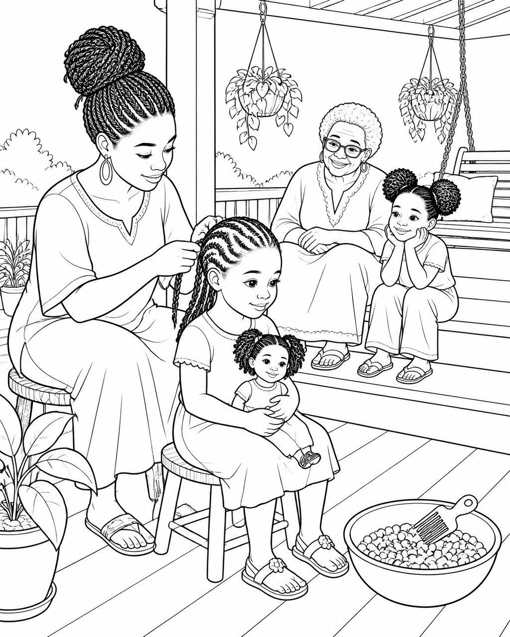 Coloring page of a woman braiding intricate cornrows into a girl's hair on a shaded front porch