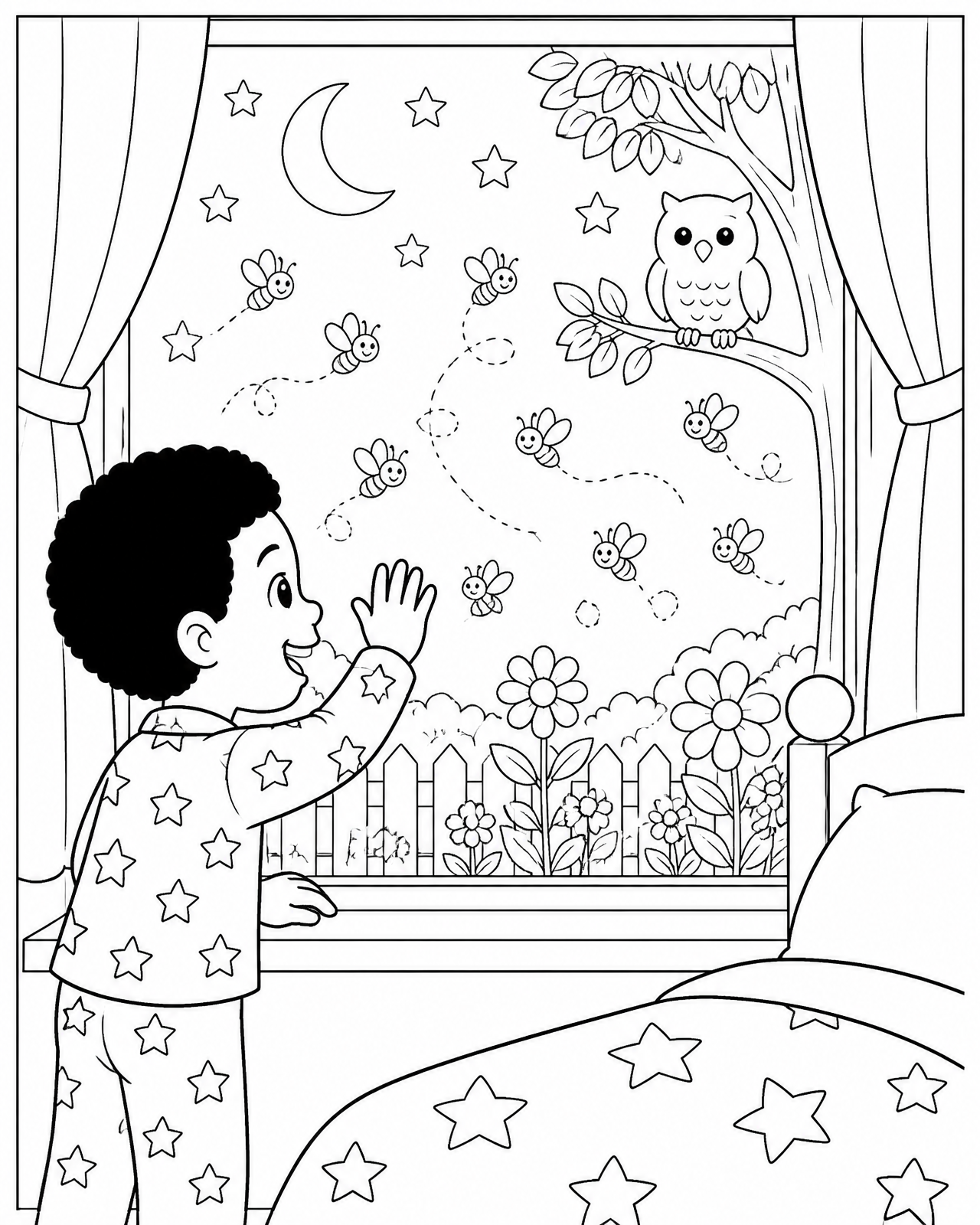 Coloring page of Miles waving at fireflies and a friendly owl outside his window under the moon and stars